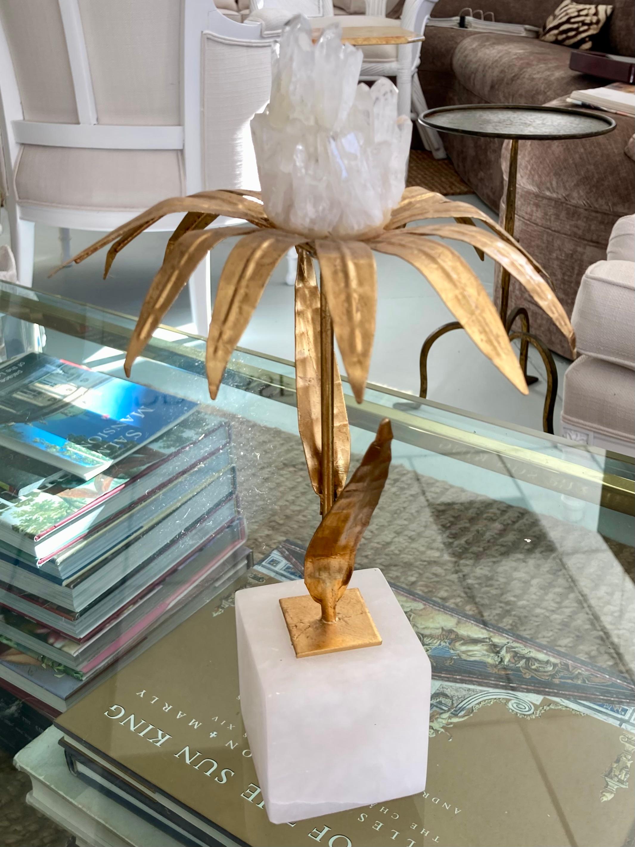 Contemporary French Gilt Palm Tree With Rock Crystal and Marble Base Medium For Sale