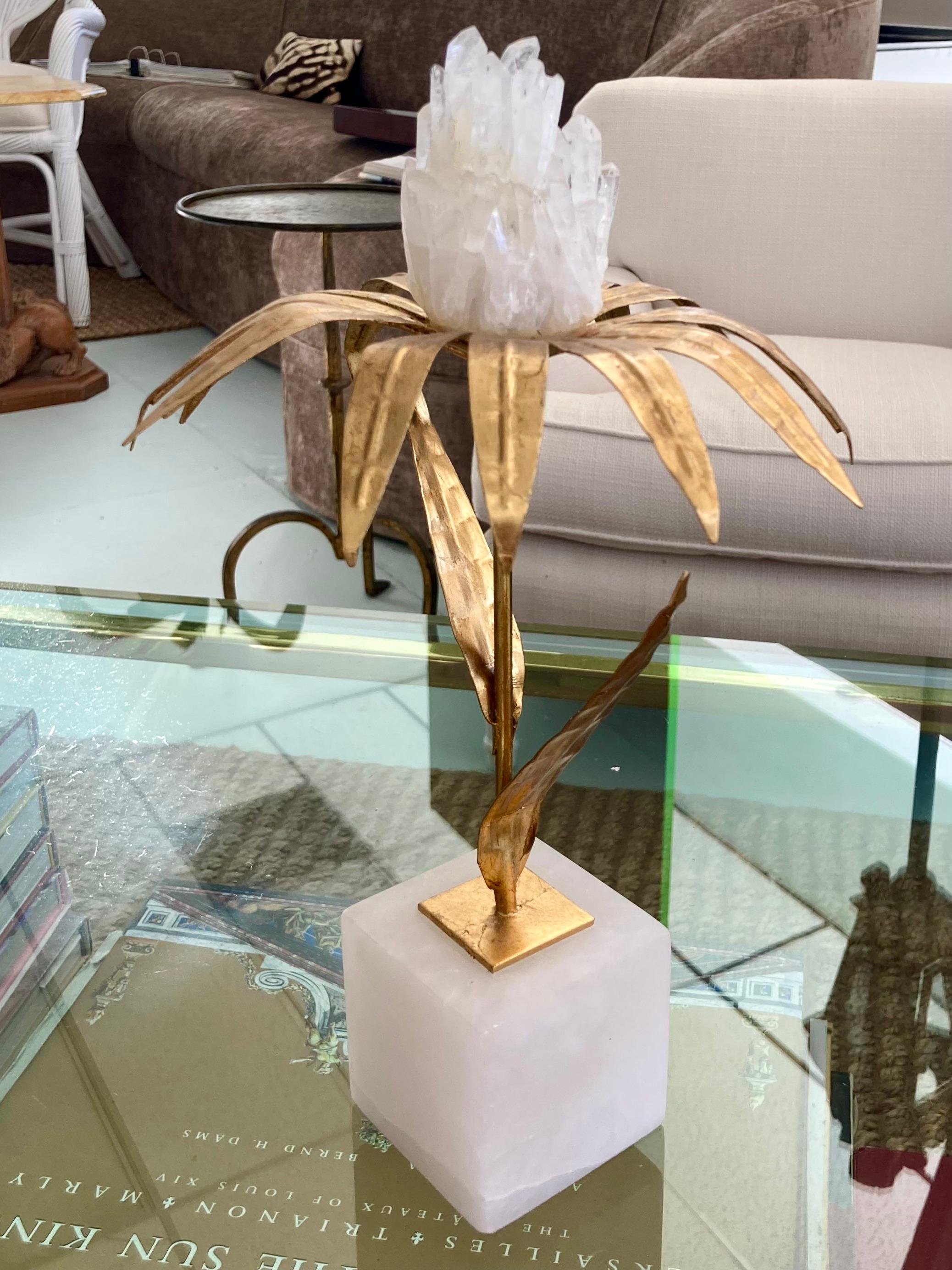 Metal French Gilt Palm Tree With Rock Crystal and Marble Base Medium For Sale