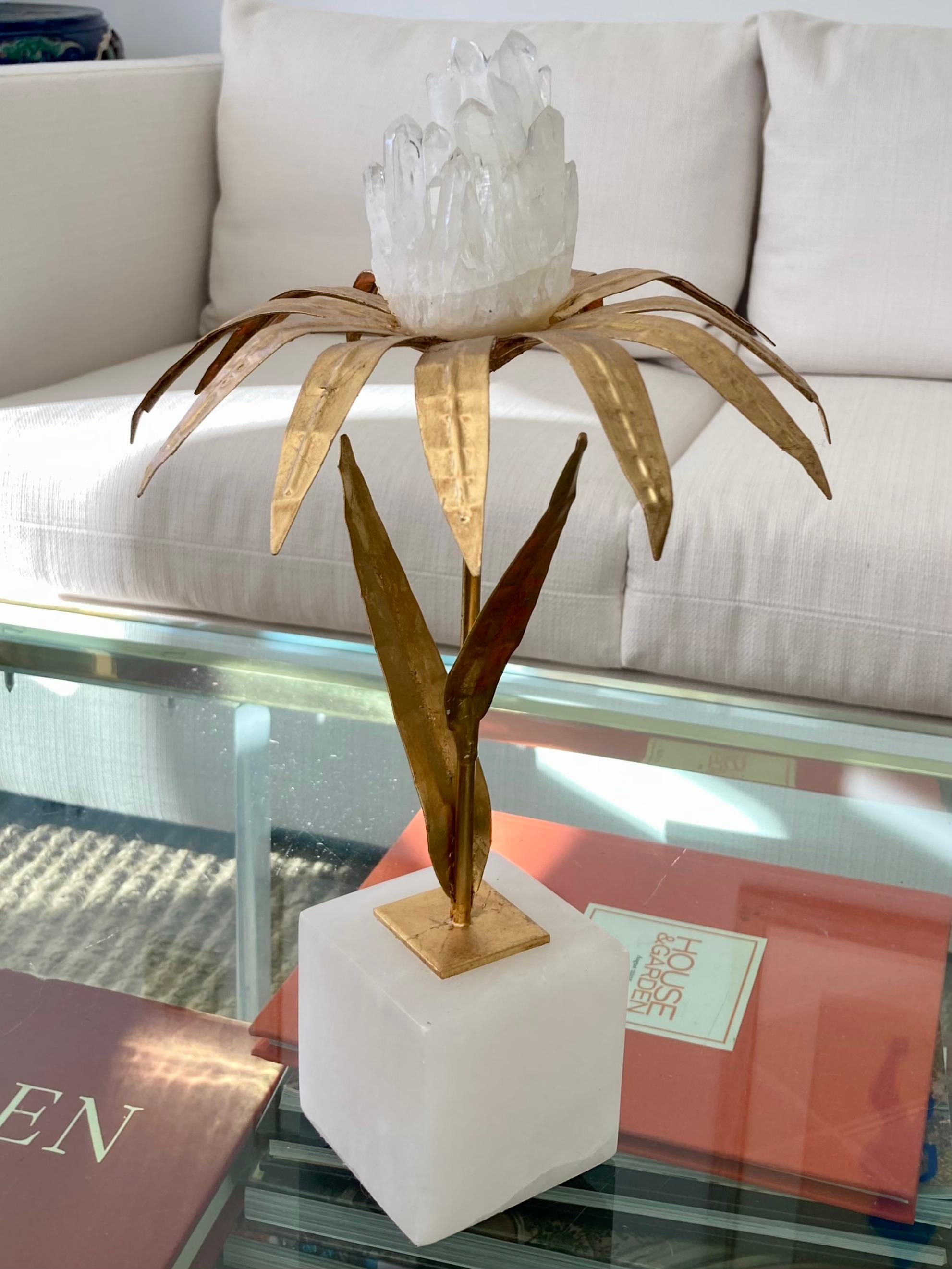 French Gilt Palm Tree With Rock Crystal and Marble Base Medium For Sale 1