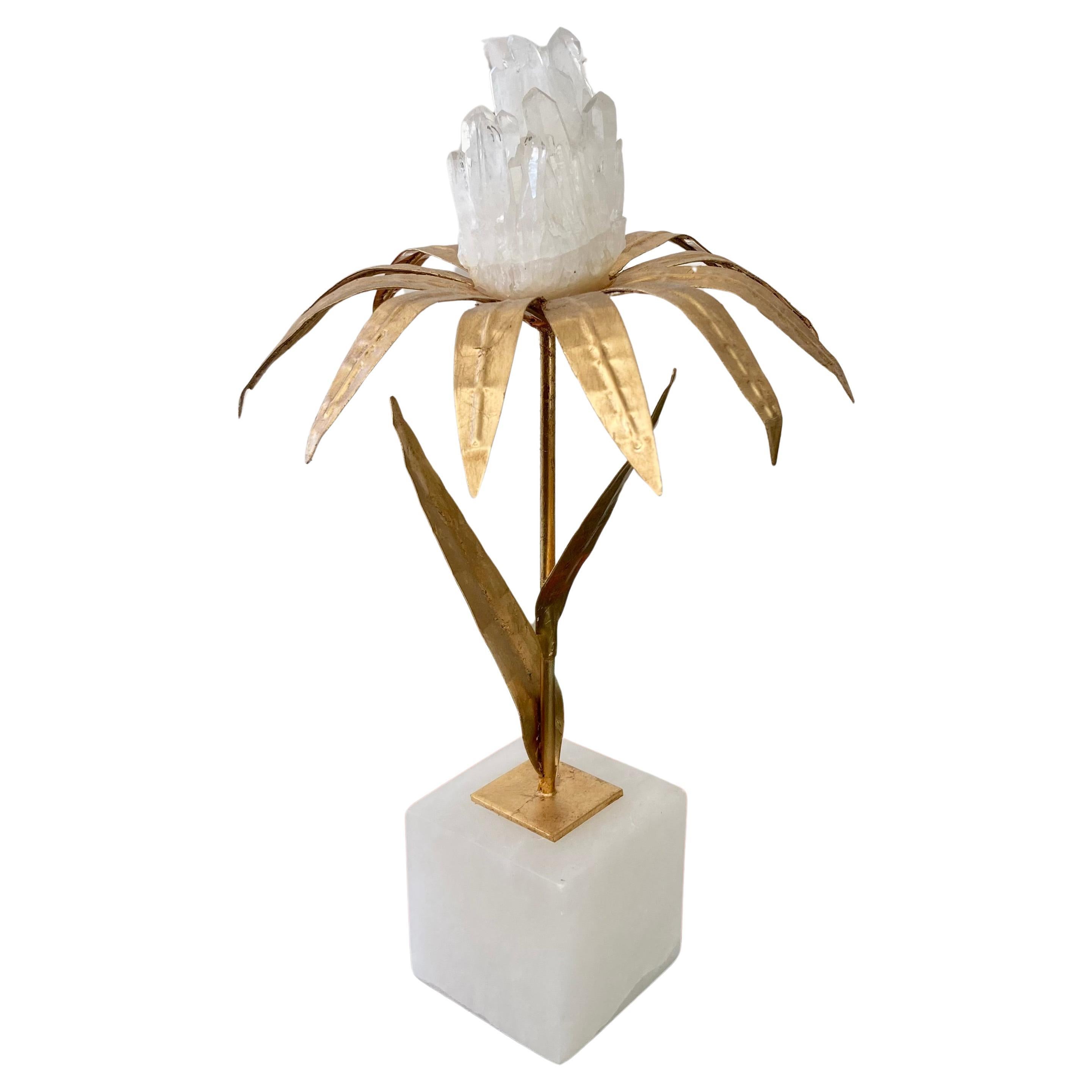 French Gilt Palm Tree With Rock Crystal and Marble Base Medium For Sale