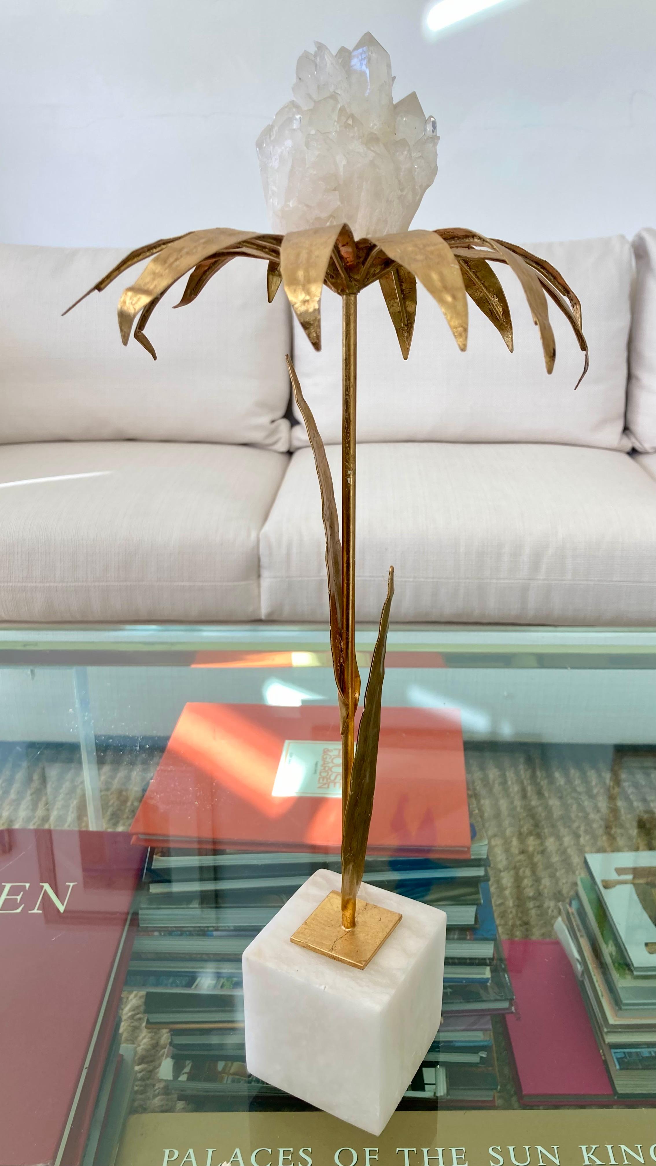 French gilt palm tree with rock crystal and marble base. Beautiful table top accessory with luxury elements. We have 4 similar sizes available, collect all 4.