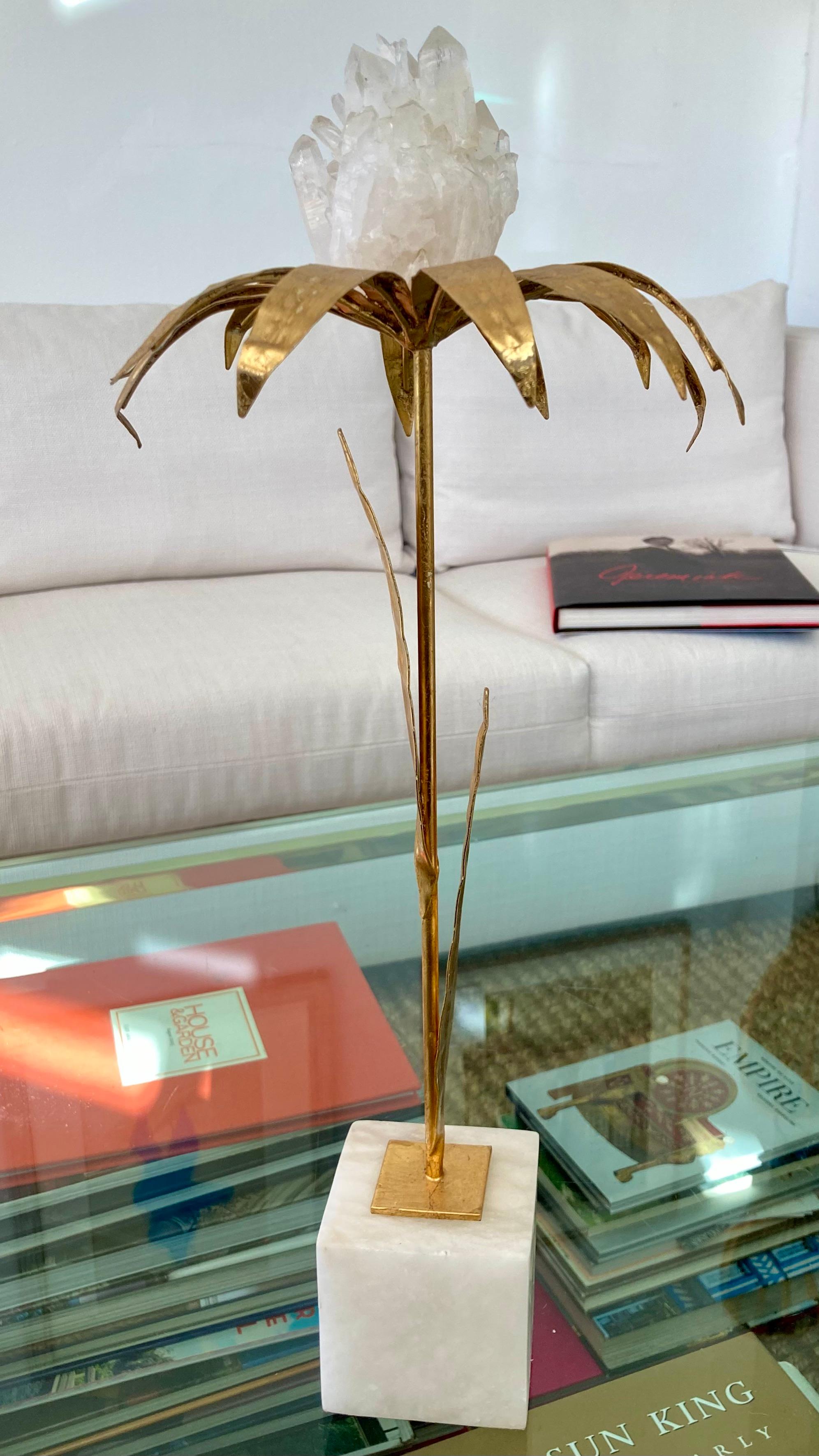 French Gilt Palm Tree With Rock Crystal and Marble Base - Tall In Good Condition For Sale In Los Angeles, CA