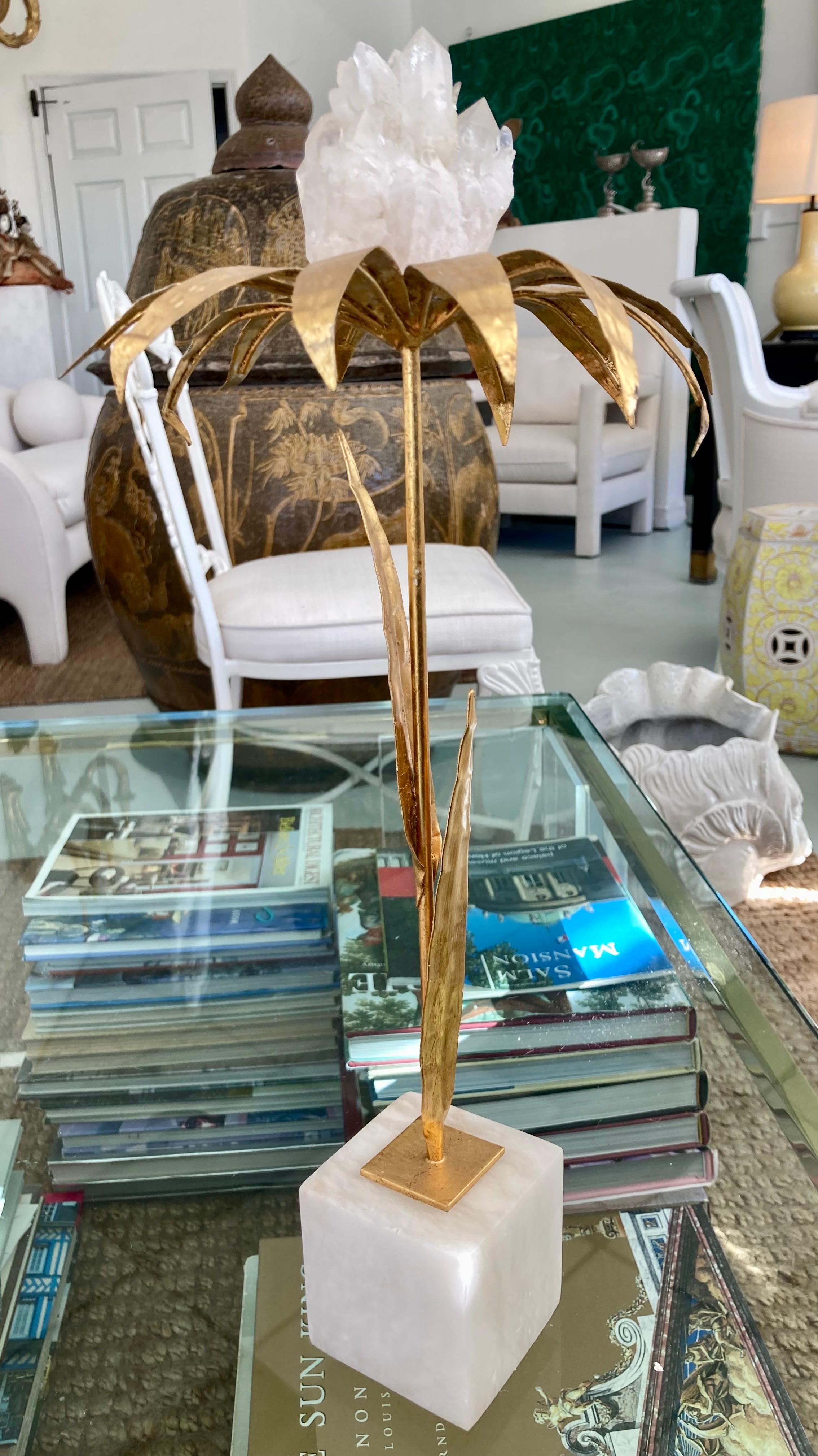 Contemporary French Gilt Palm Tree With Rock Crystal and Marble Base - Tall For Sale