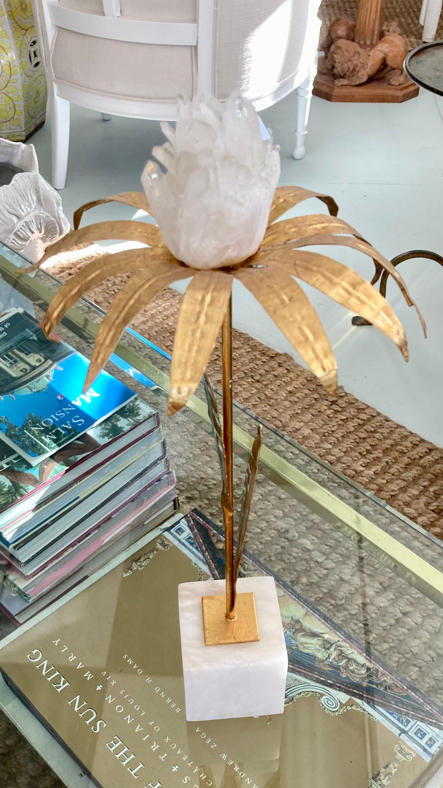 Metal French Gilt Palm Tree With Rock Crystal and Marble Base - Tall For Sale