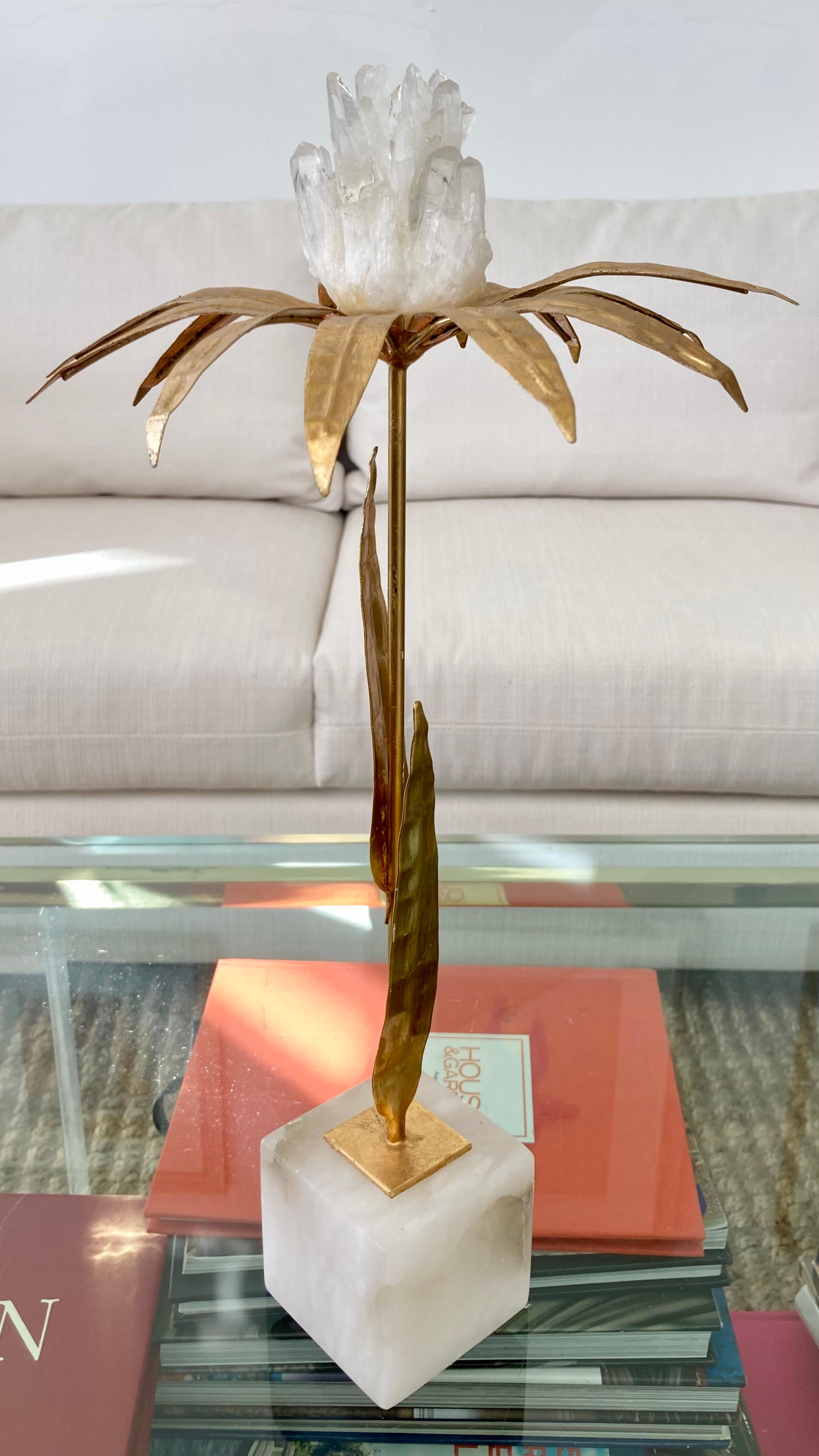 Gorgeous French gilt palm tree with rock crystal and marble base. Beautiful table top accessory with luxury details. We have 4 similar sizes available, collect all 4.