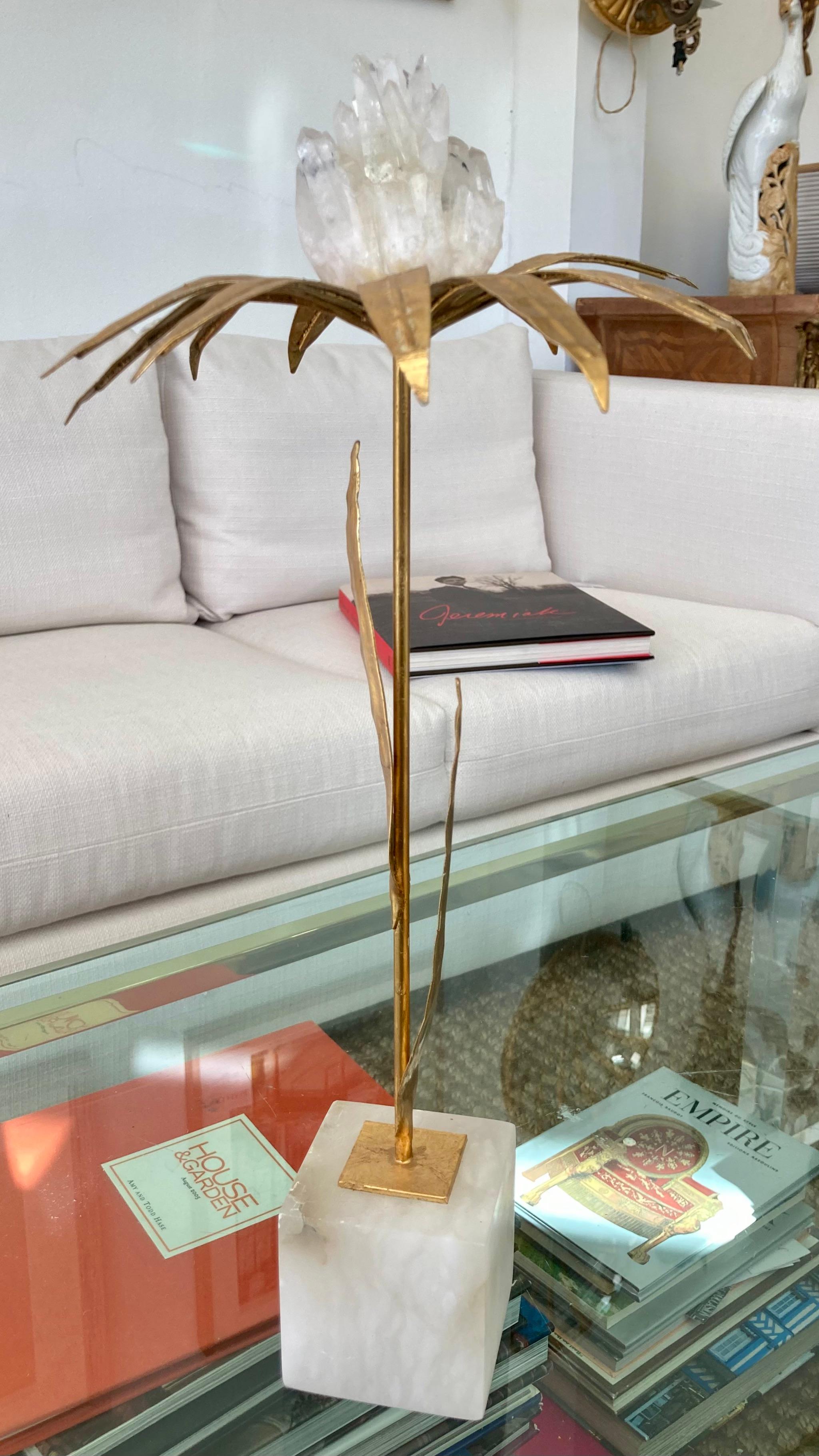 Modern French Gilt Palm Tree With Rock Crystal and Marble Base Taller For Sale
