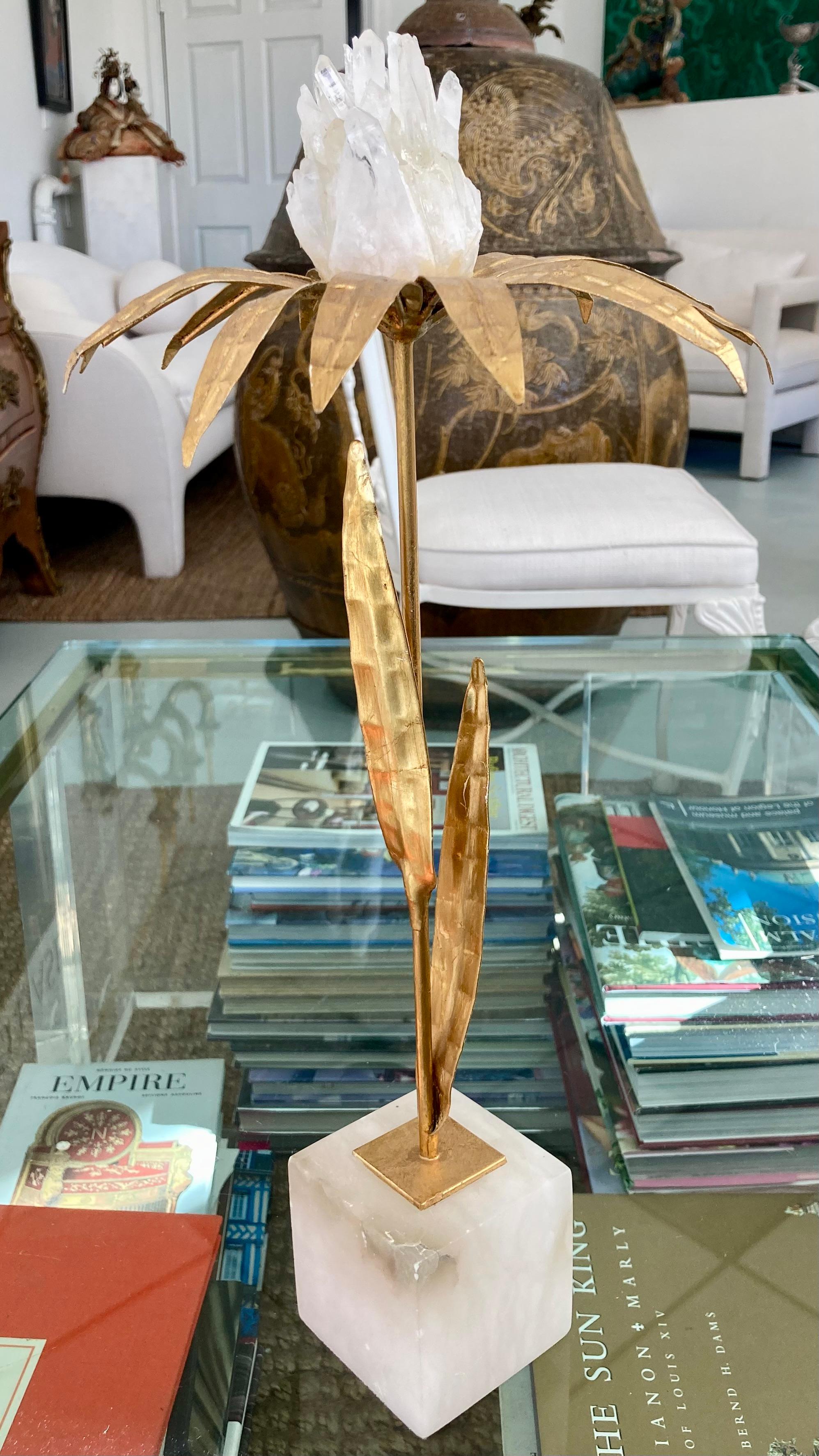 French Gilt Palm Tree With Rock Crystal and Marble Base Taller In Good Condition For Sale In Los Angeles, CA