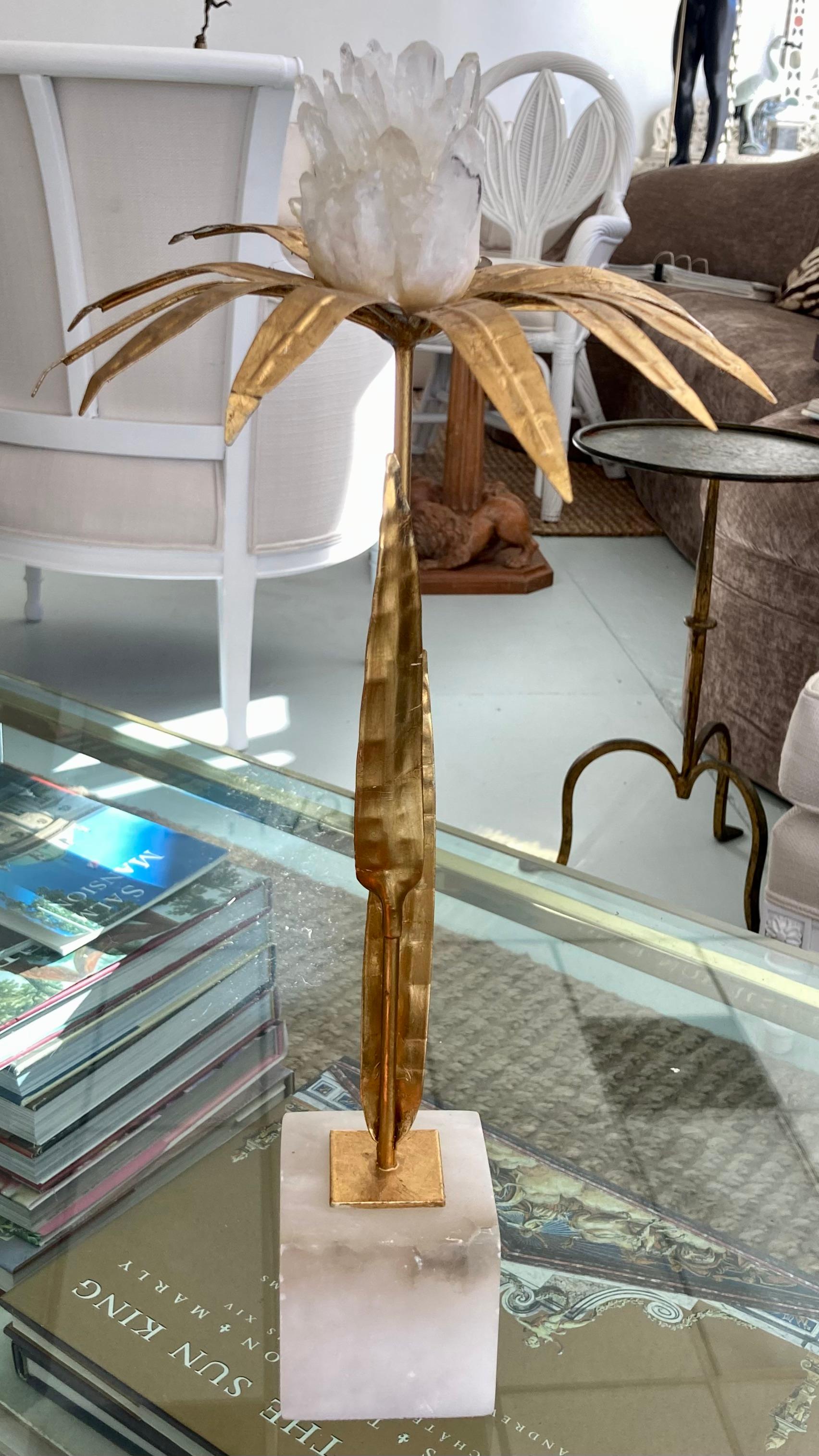 Contemporary French Gilt Palm Tree With Rock Crystal and Marble Base Taller For Sale