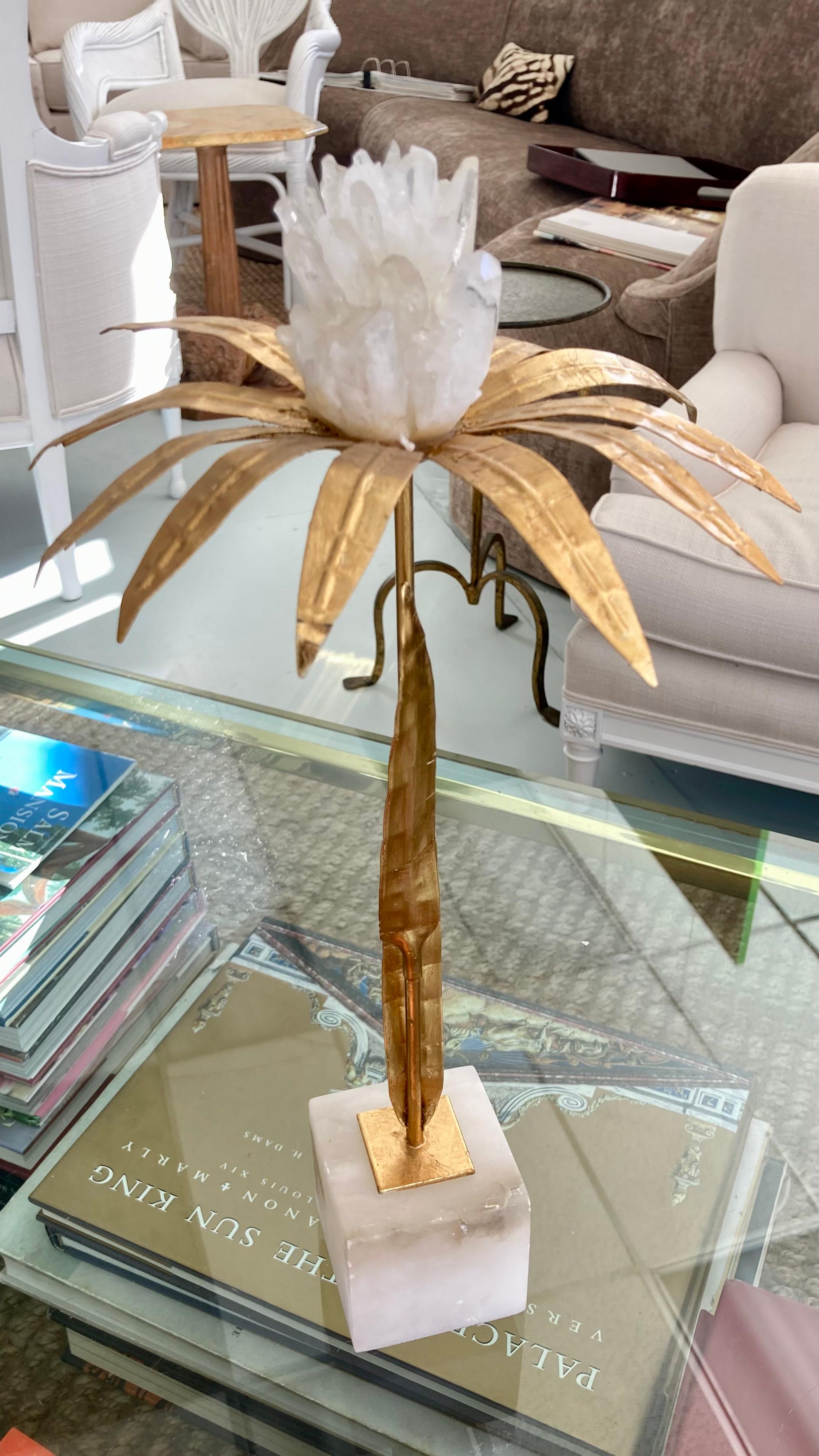 Metal French Gilt Palm Tree With Rock Crystal and Marble Base Taller For Sale