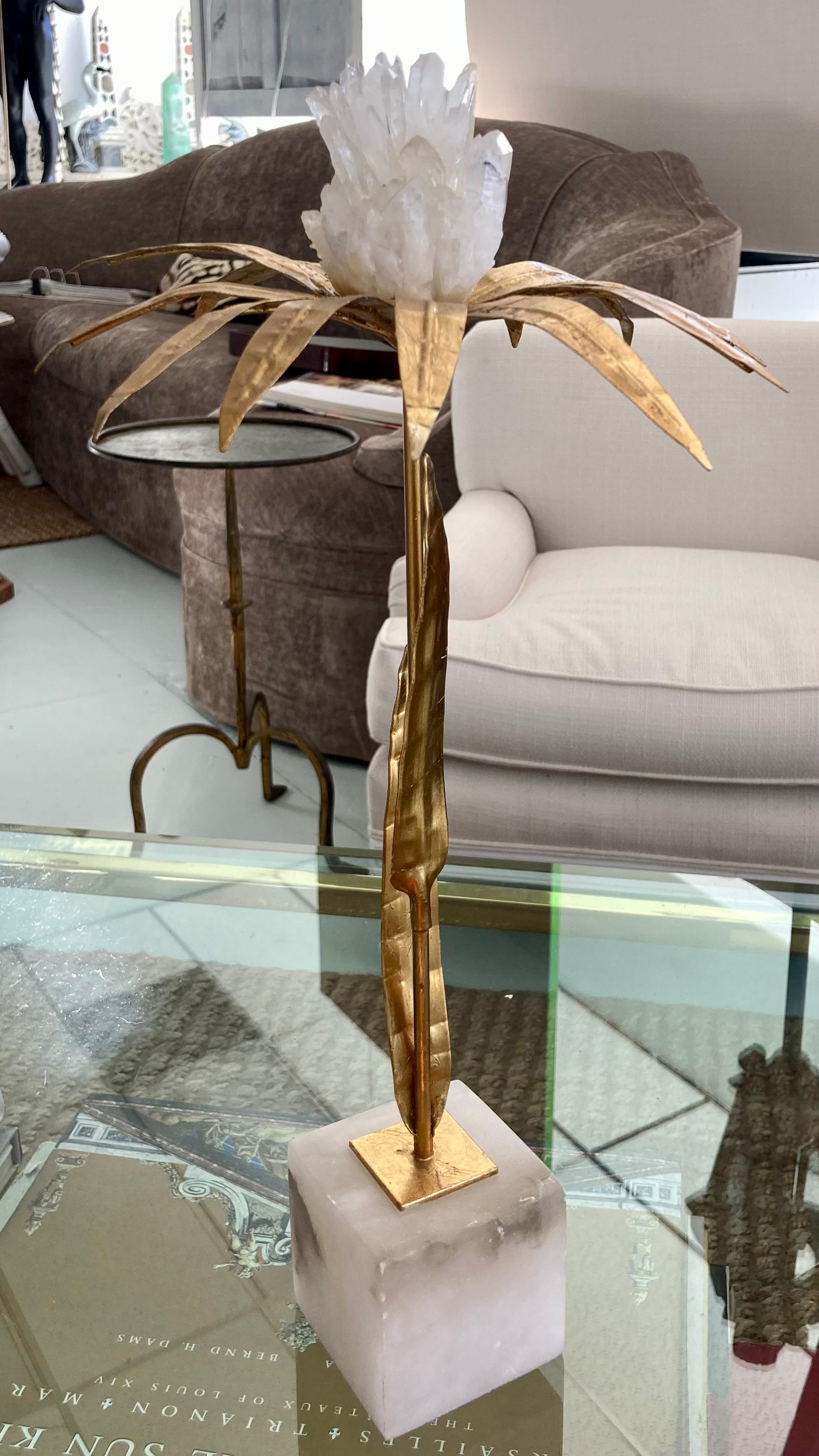 French Gilt Palm Tree With Rock Crystal and Marble Base Taller For Sale 1