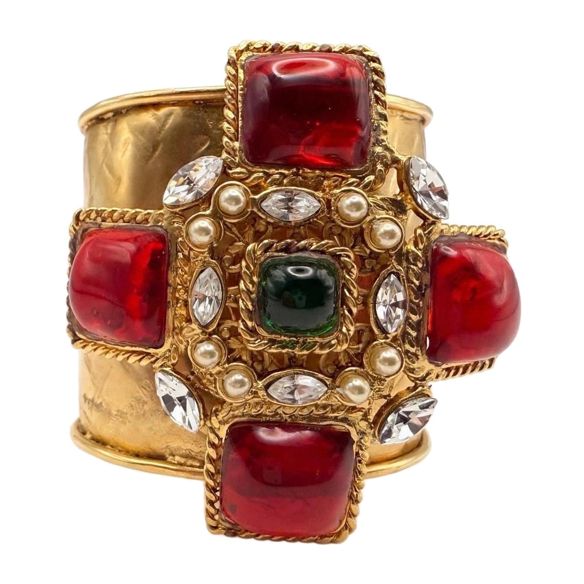 French Gilt "Pate de Verre" Poured Glass Red Maltese Cross Cuff Bracelet For Sale