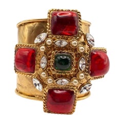 French Gilt "Pate de Verre" Poured Glass Red Maltese Cross Cuff Bracelet