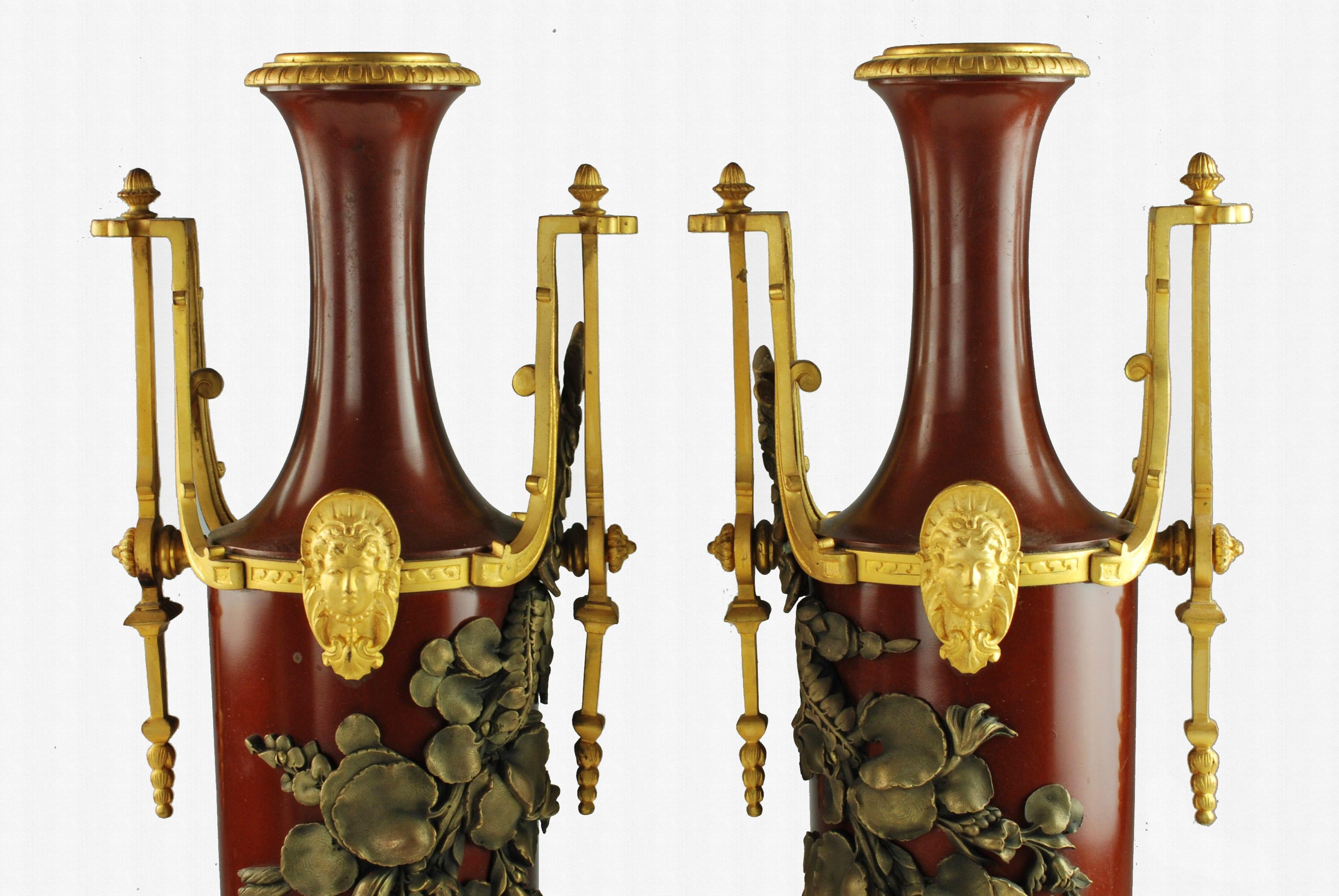 Neoclassical French Gilt & Patinated Bronze Garniture with Applied Foliate/Floral Decoration For Sale