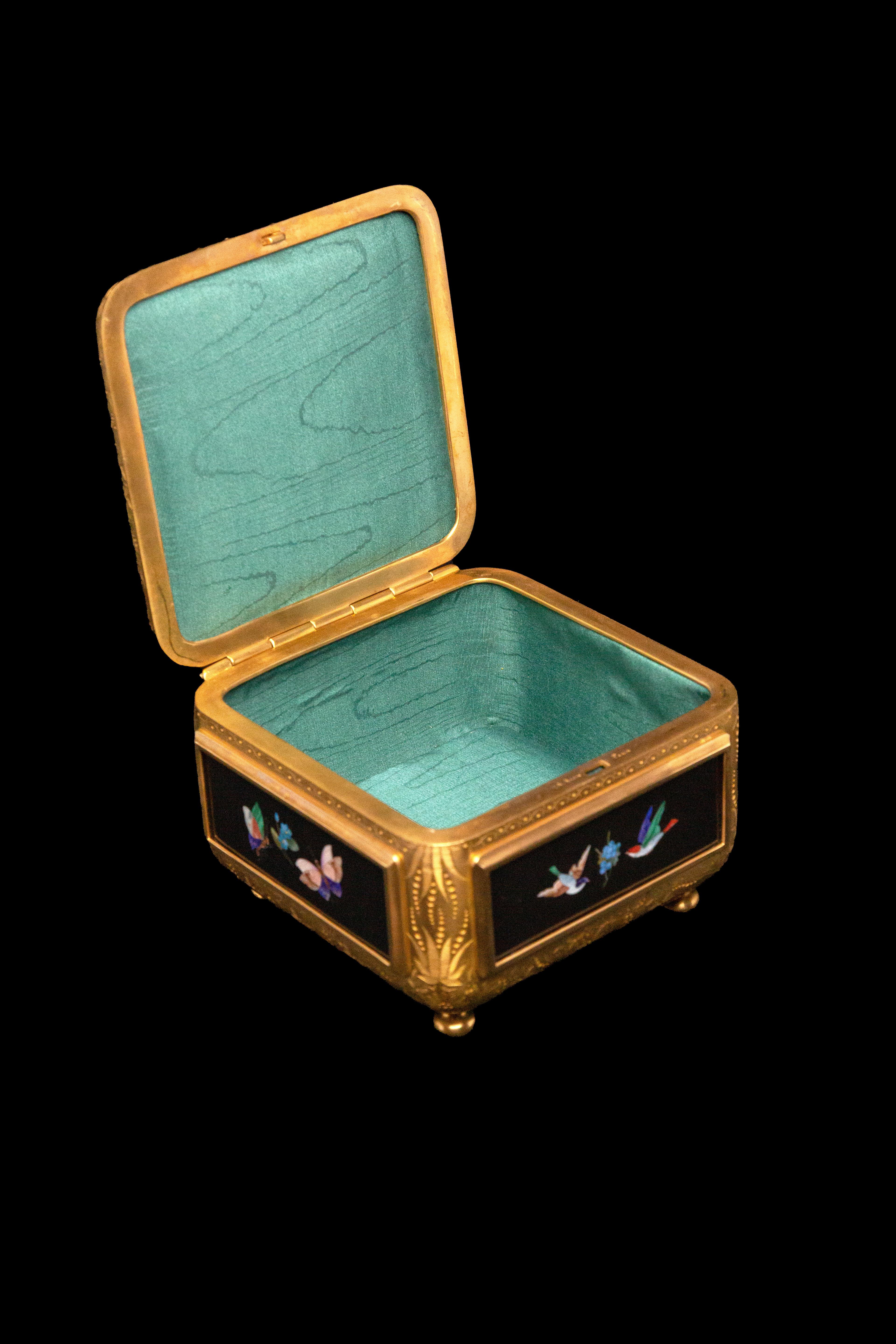 19th Century French Gilt Pietra Dura Engraved Bronze Box
