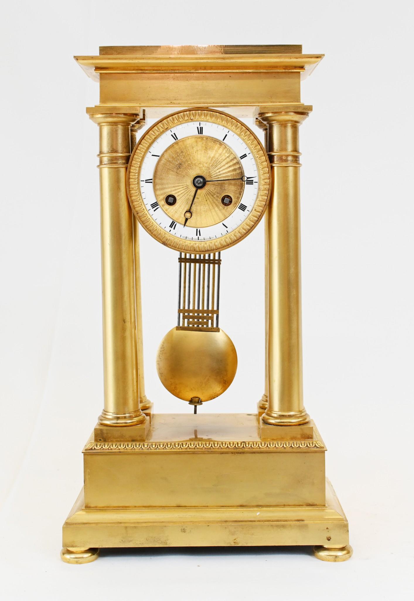 Stunning classical antique French portico clock
Clock is circa 1810 and is hence Charles X
Such a great classical look and the patina and finish to the metal is supberb
A portico clock, also known as a pillar clock or temple clock, is a type of