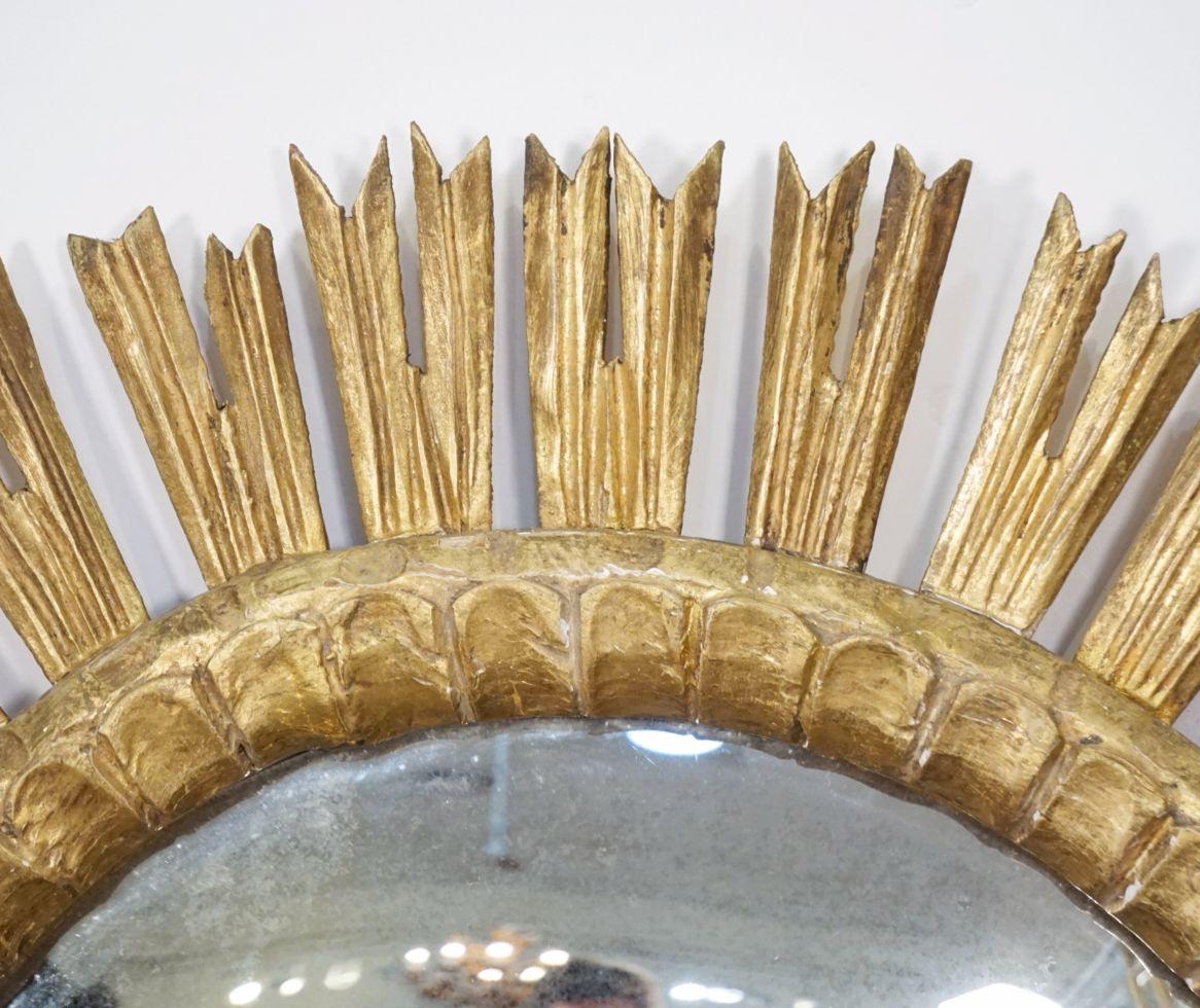 Mid-Century Modern French Gilt Starburst or Sunburst Mirror With Convex Glass (Dia 25)