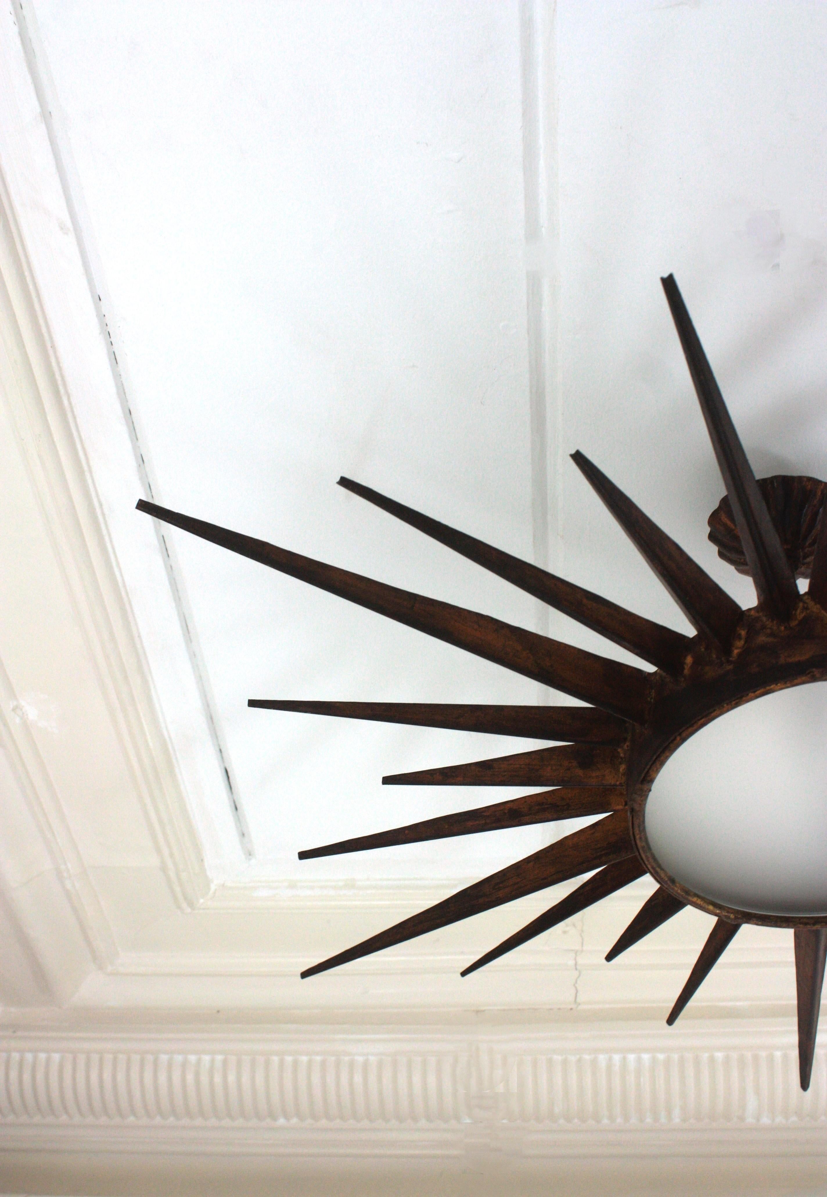 French Gilt Starburst Sunburst Light Fixture in Wrought Iron, Poillerat Style For Sale 10