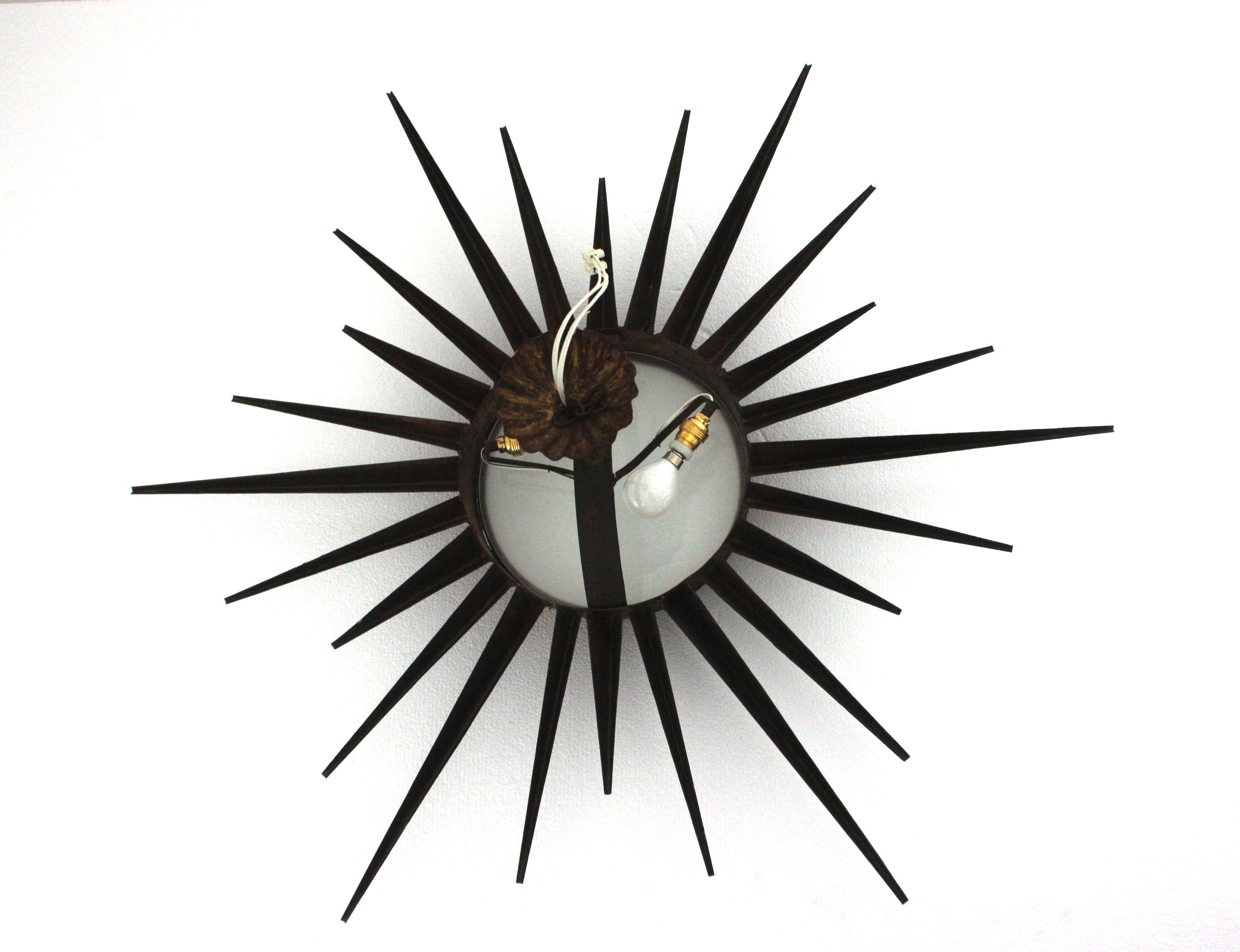 French Gilt Starburst Sunburst Light Fixture in Wrought Iron, Poillerat Style For Sale 14