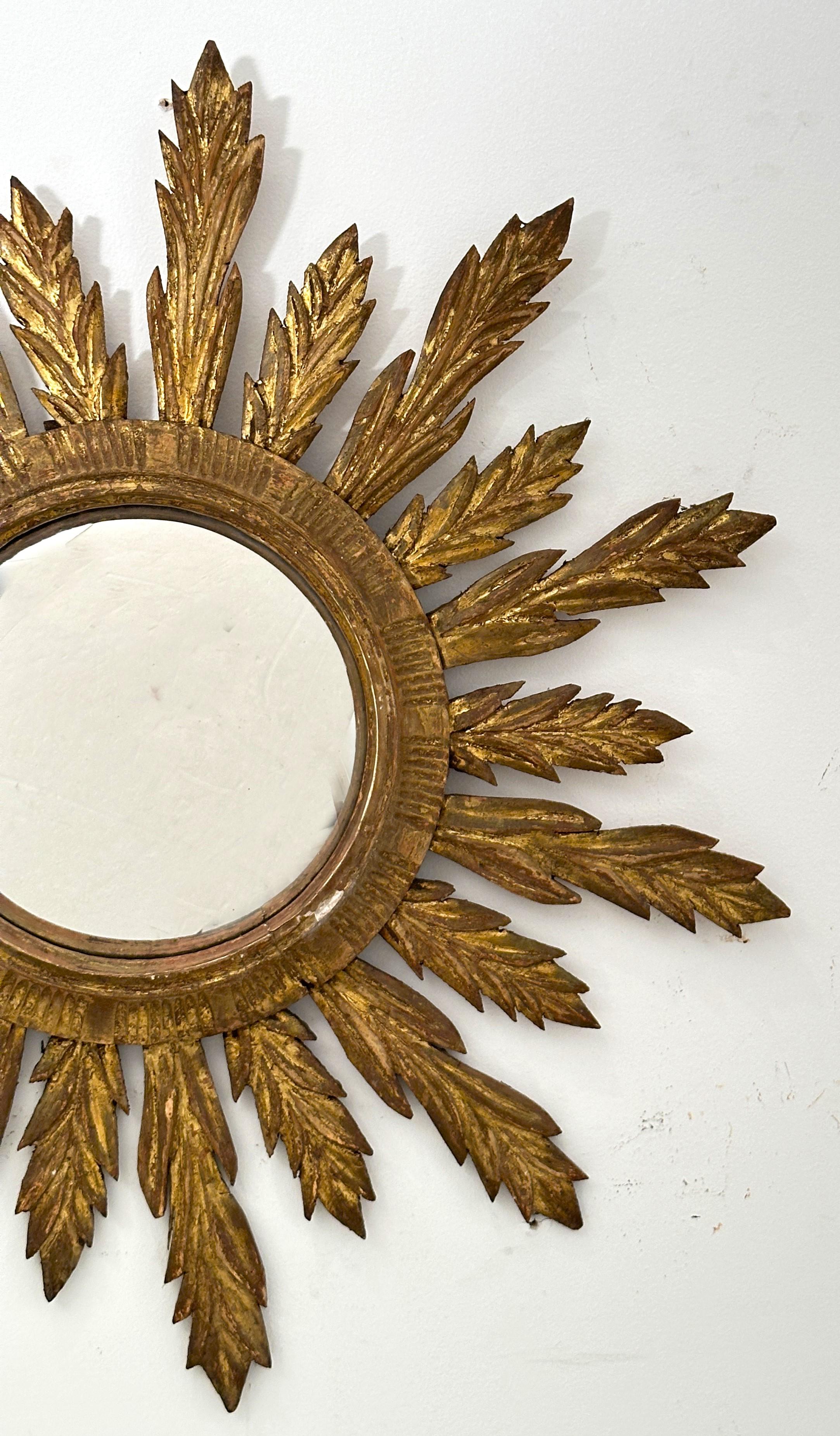 20th Century French Gilt Sunburst or Starburst Convex Mirror (Diameter 28 1/8) For Sale