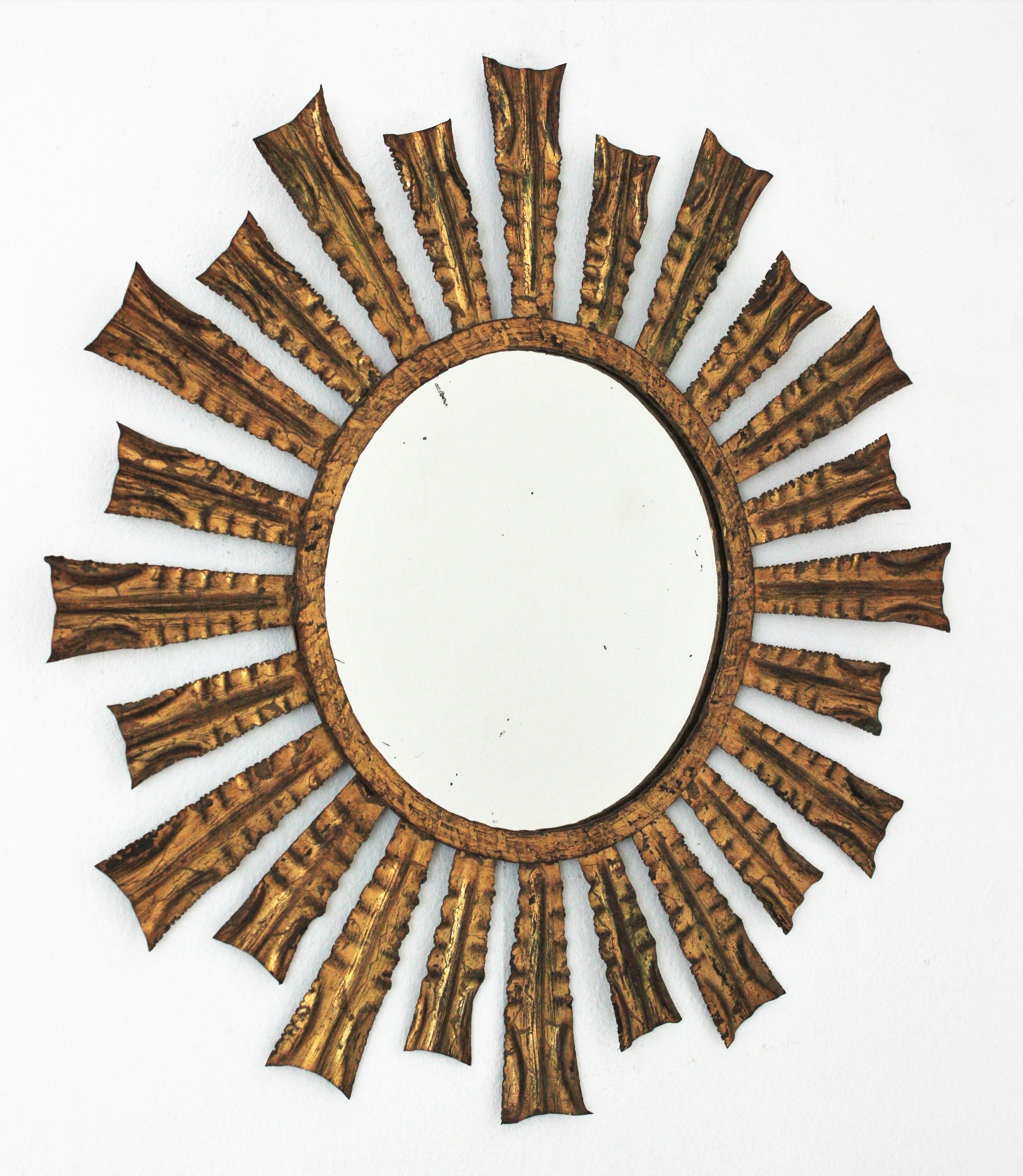 Mid-Century Modern French Sunburst Starburst Mirror in Gilt Iron, 1950s For Sale