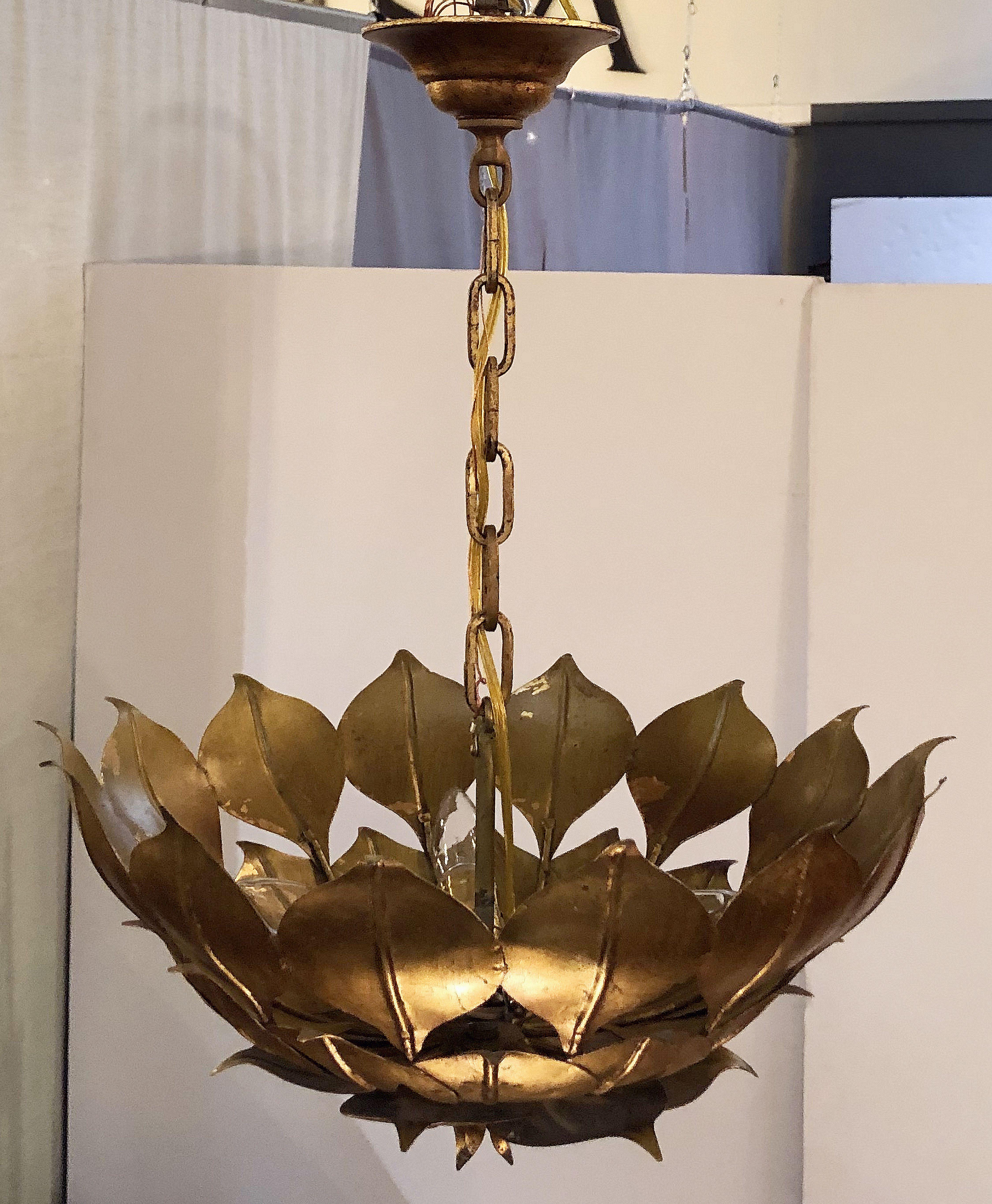French Gilt Three-Light Hanging Fixture with Lotus or Leaf Design (18