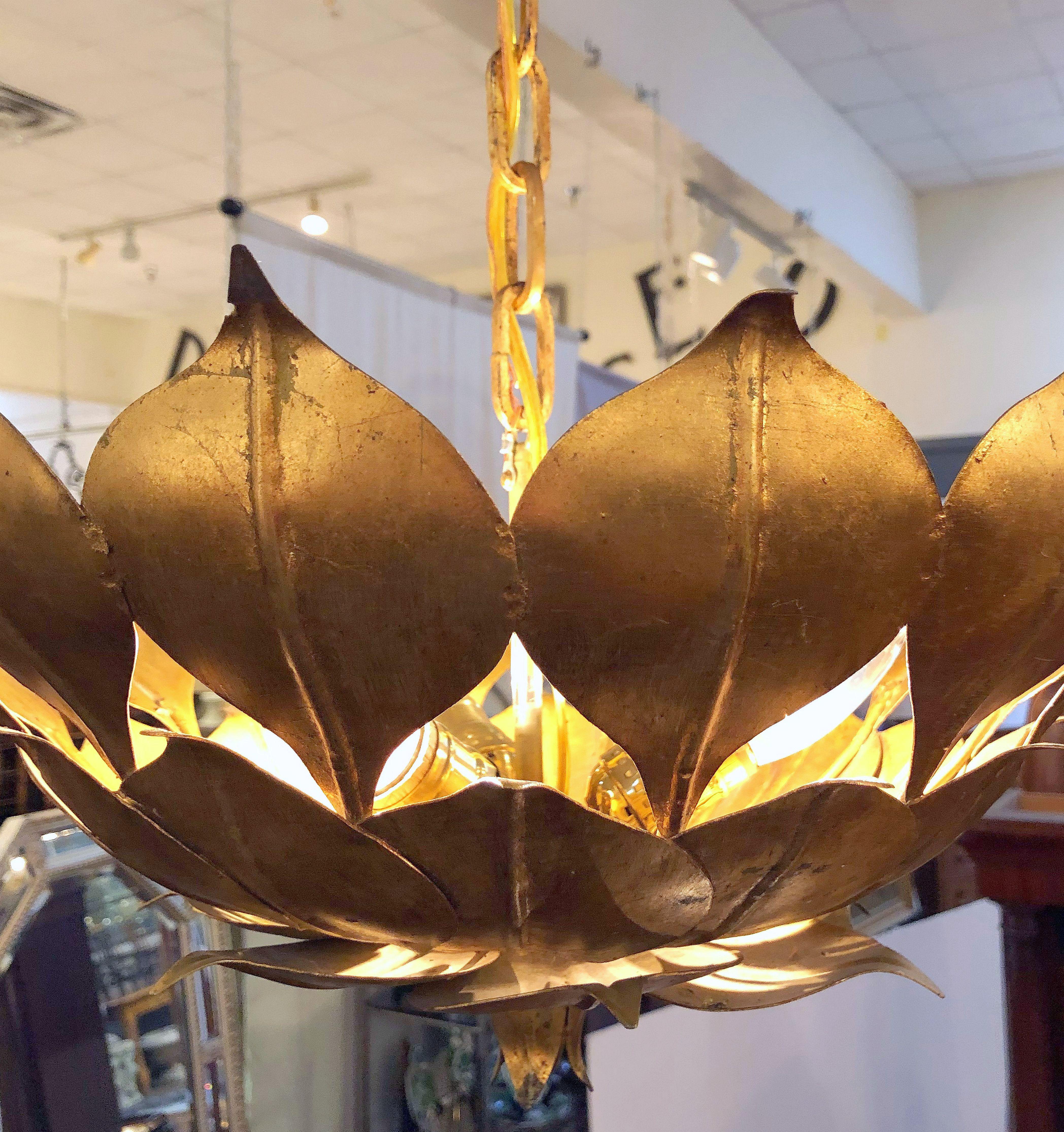 French Gilt Three-Light Hanging Fixture with Lotus or Leaf Design (18