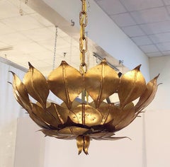 French Gilt Three-Light Hanging Fixture with Lotus or Leaf Design (18" Diameter)