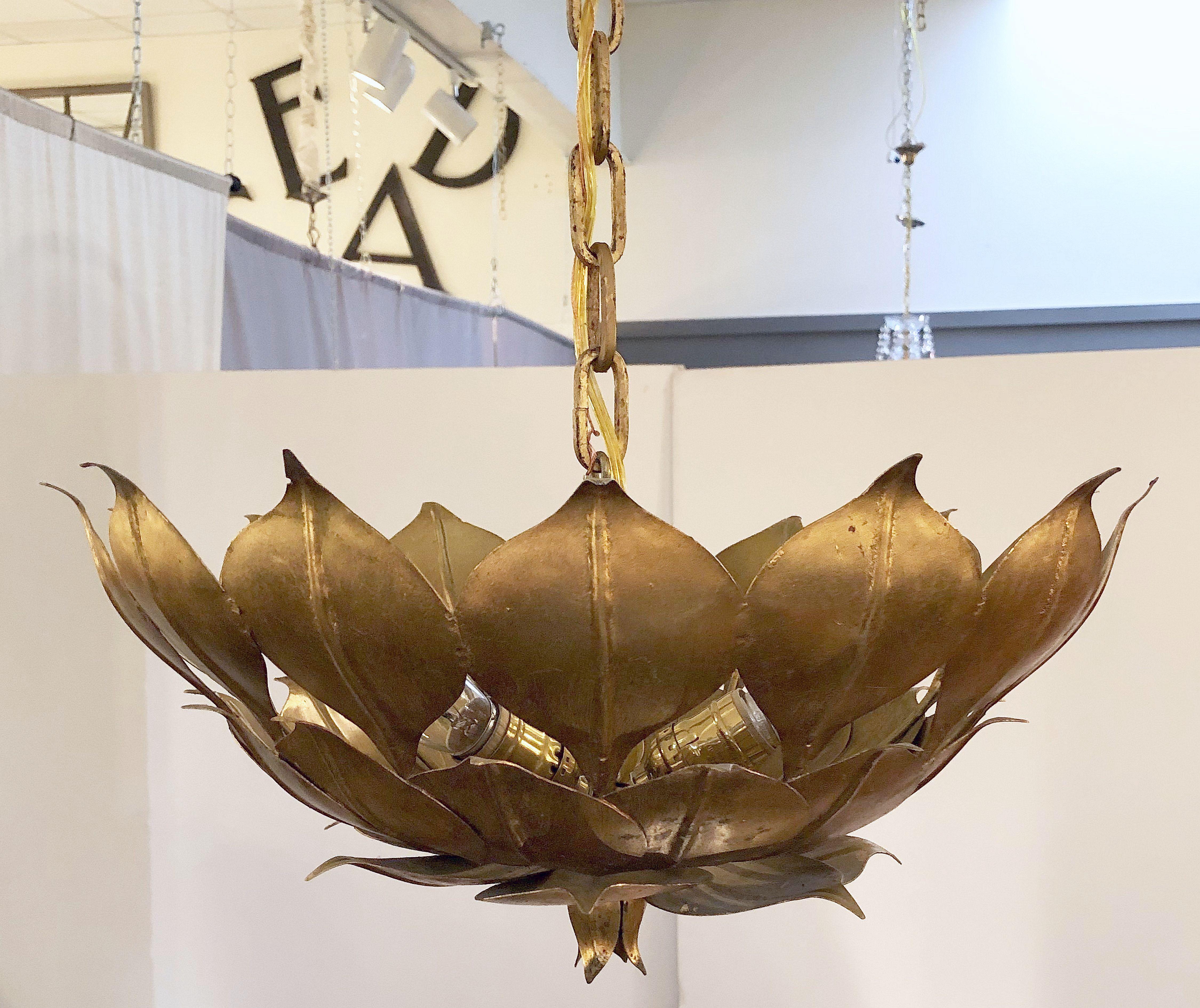 Wire French Gilt Three-Light Hanging Fixture with Lotus or Leaf Design (18