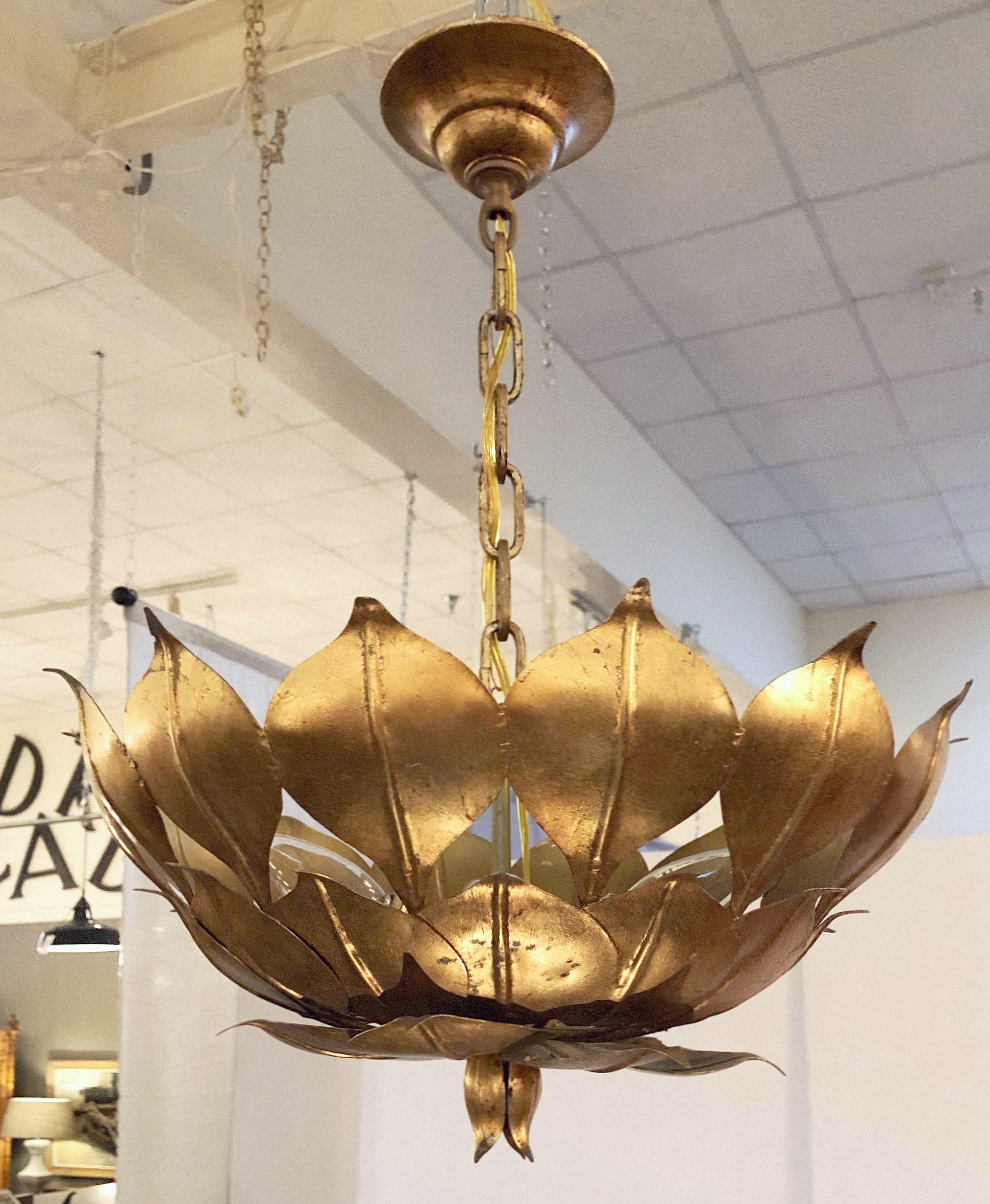French Gilt Three-Light Hanging Fixture with Lotus or Leaf Design (18