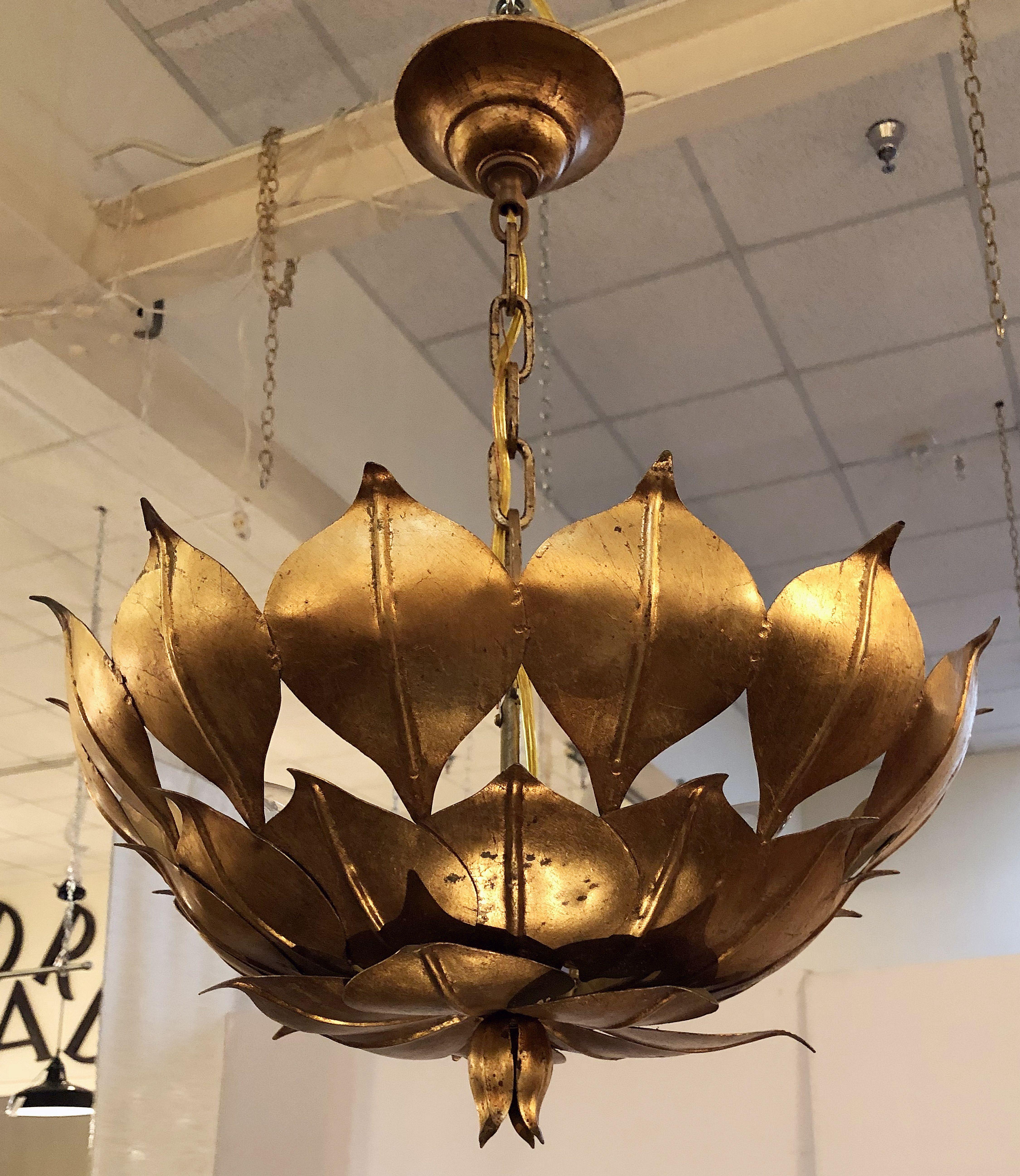 French Gilt Three-Light Hanging Fixture with Lotus or Leaf Design (18