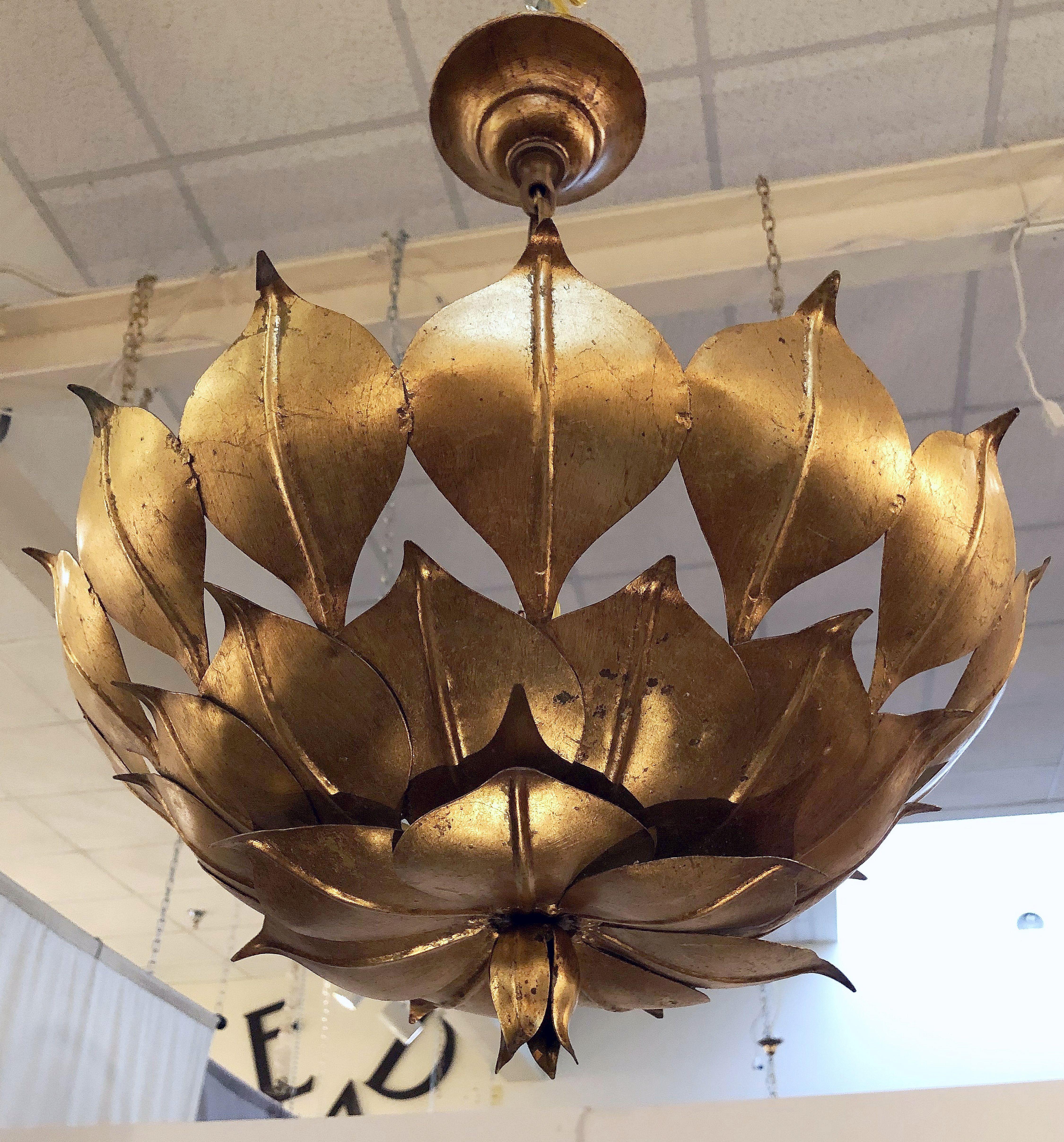 French Gilt Three-Light Hanging Fixture with Lotus or Leaf Design (18