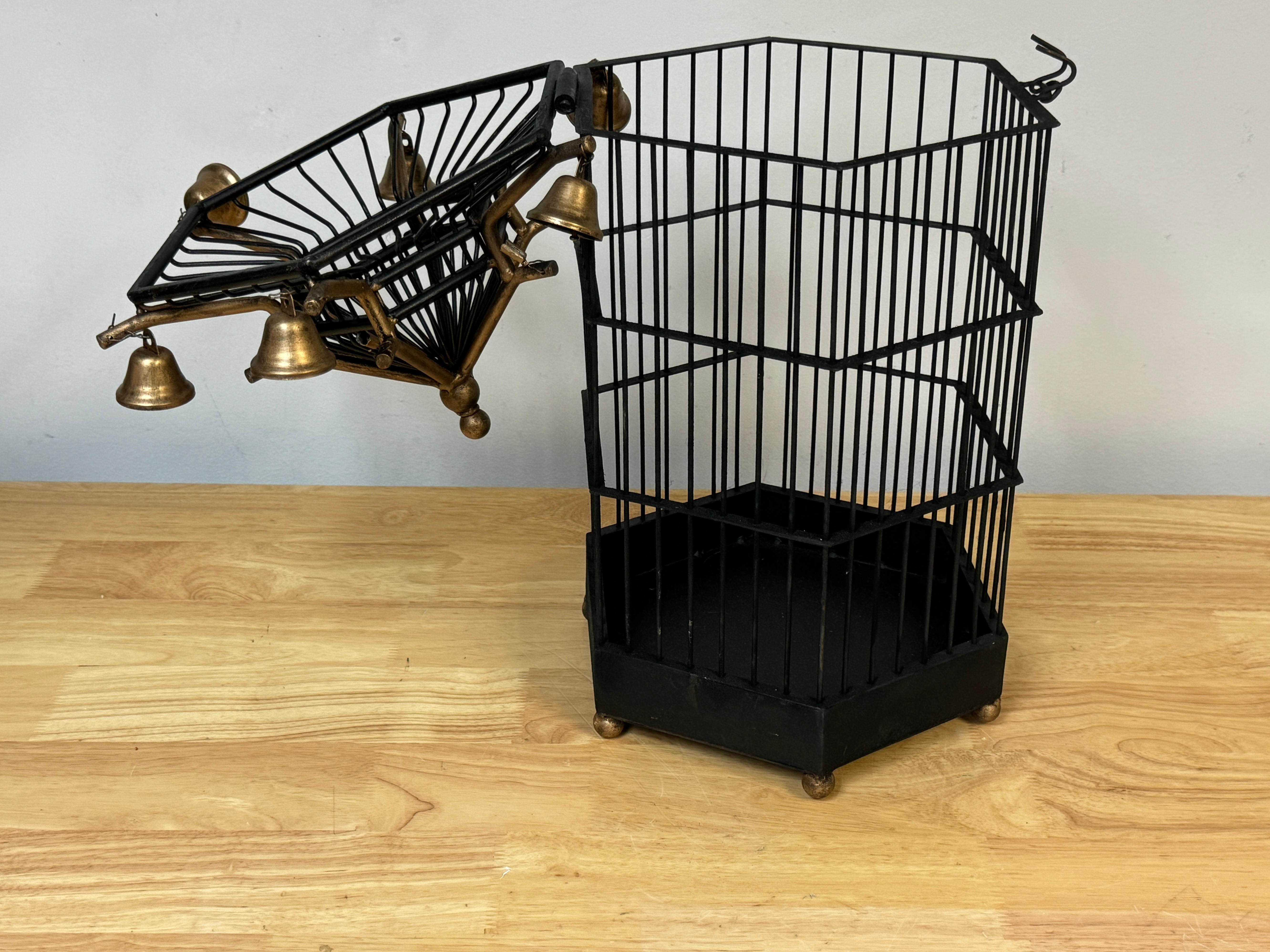 French Gilt Tole Hexagonal Pagoda Birdcage with Bells For Sale 3