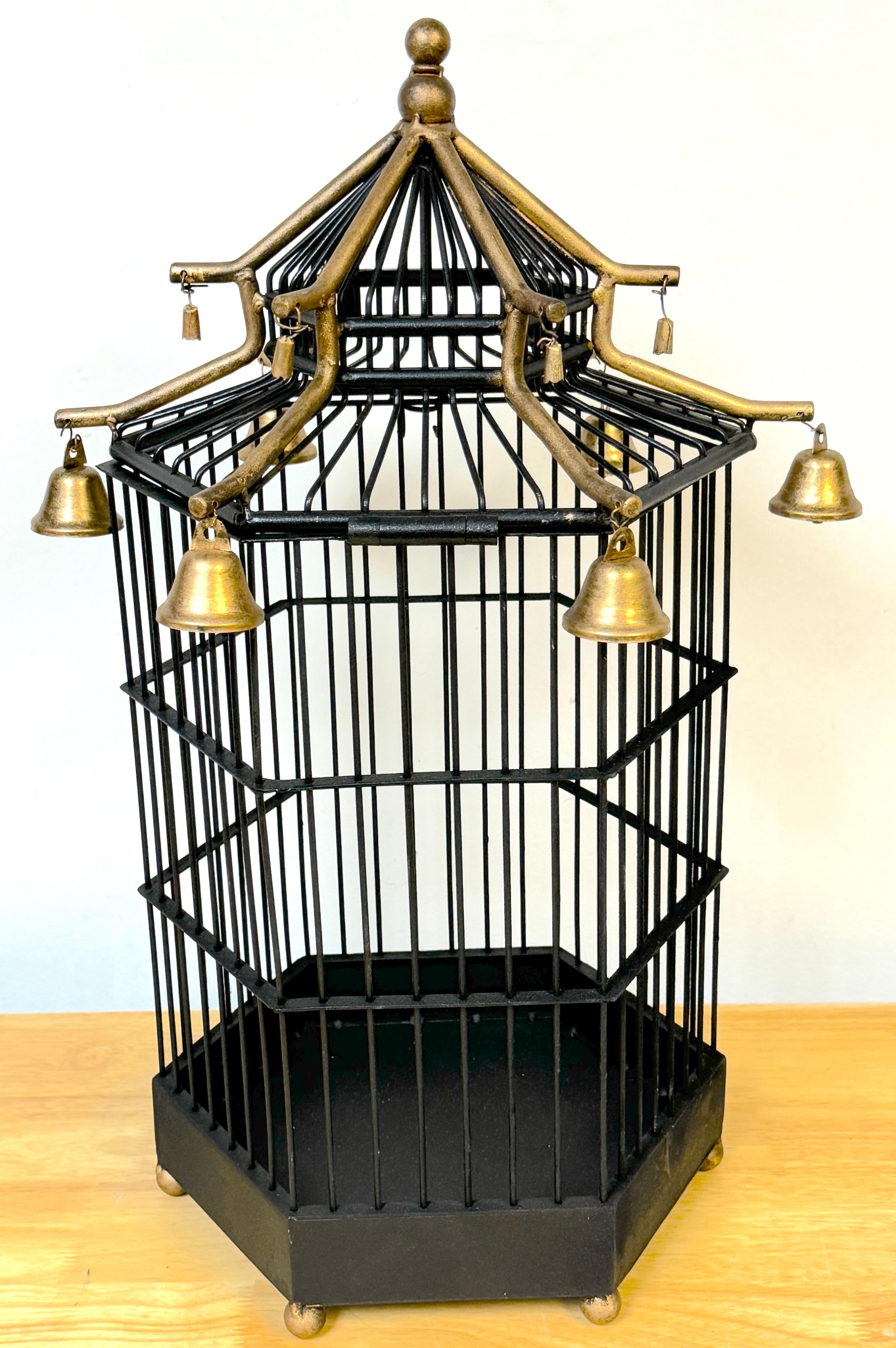 French Gilt Tole Hexagonal Pagoda Birdcage with Bells For Sale 5
