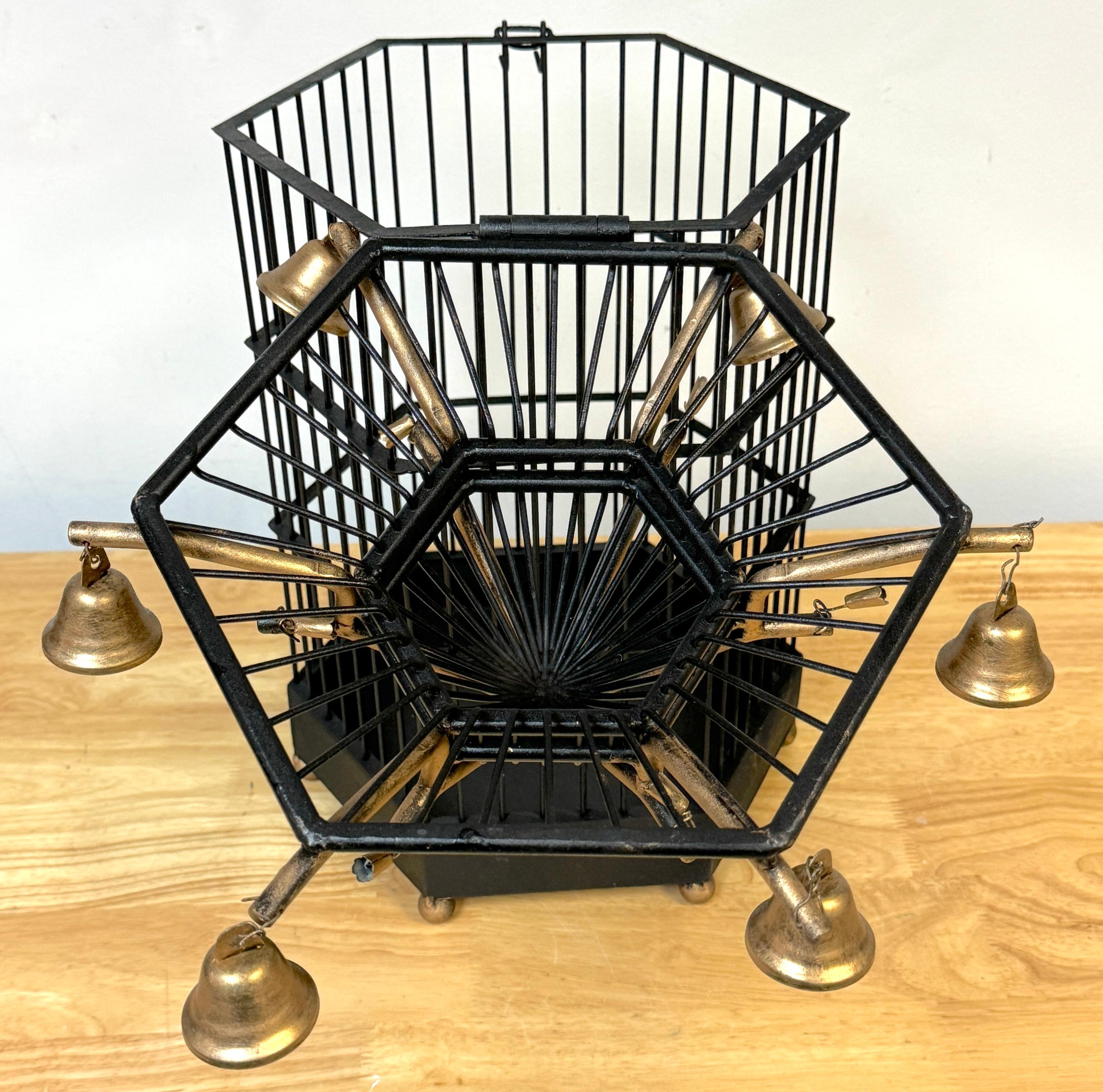 French Gilt Tole Hexagonal Pagoda Birdcage with Bells For Sale 6