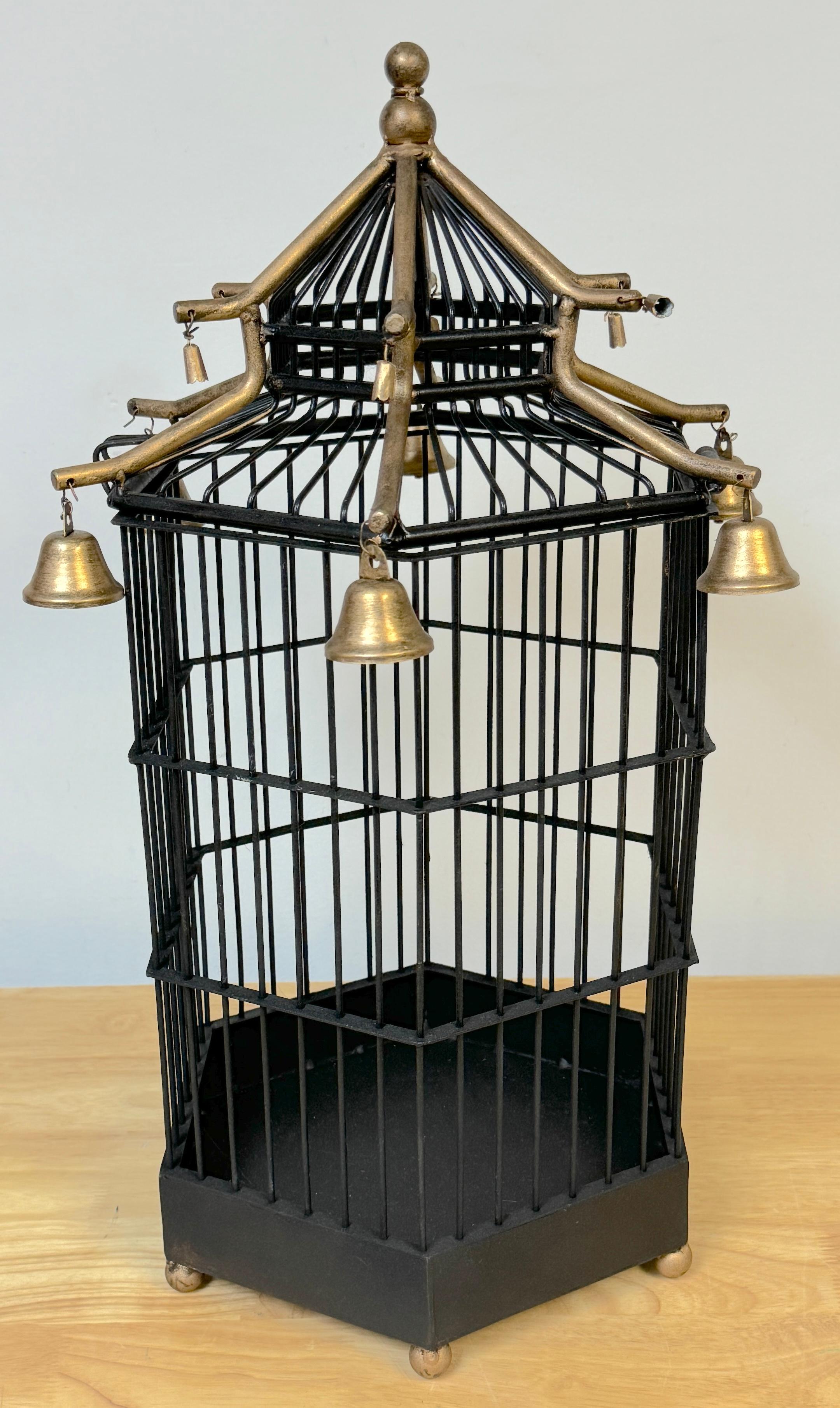 French Gilt Tole Hexagonal Pagoda Birdcage with Bells For Sale 7