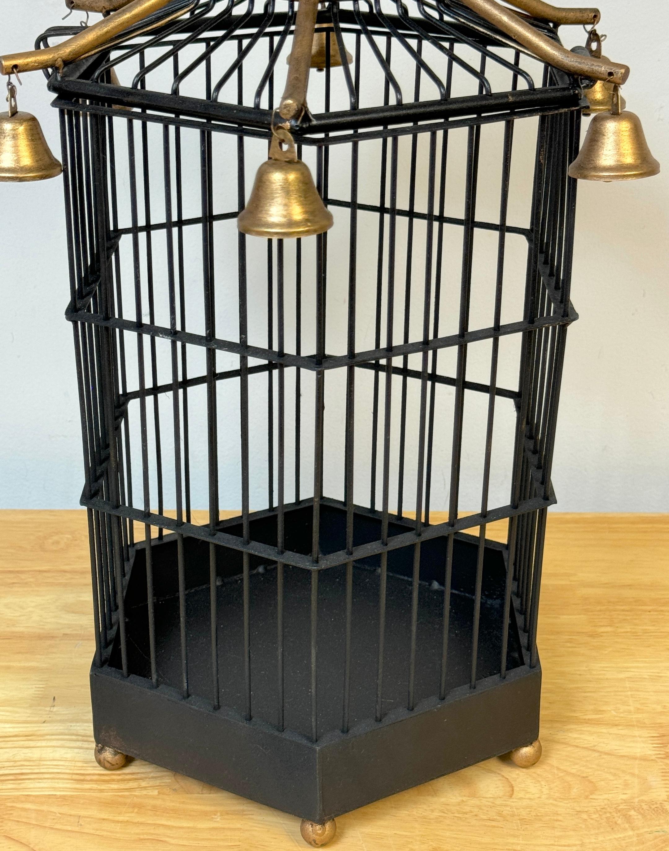 French Gilt Tole Hexagonal Pagoda Birdcage with Bells For Sale 8