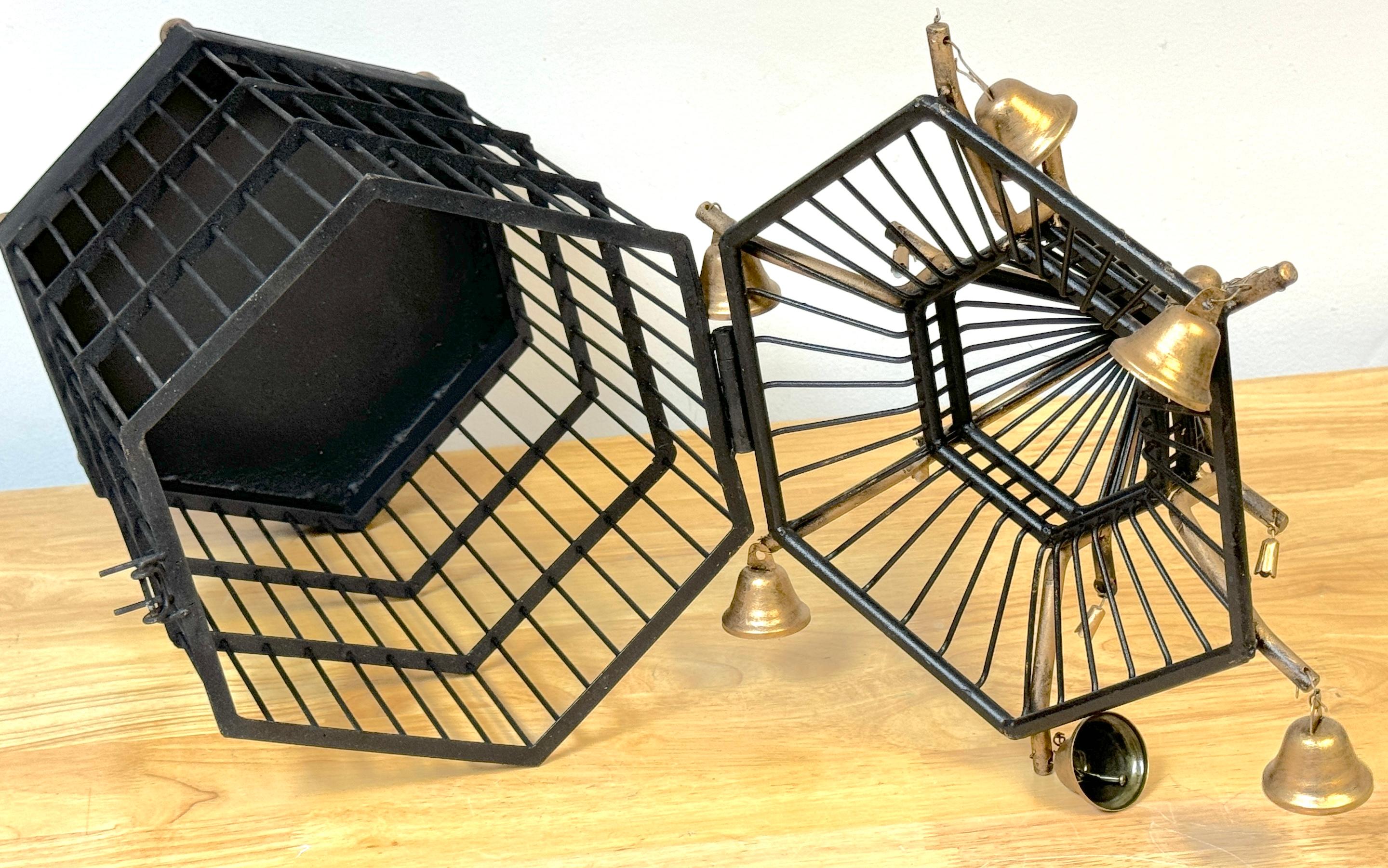 French Gilt Tole Hexagonal Pagoda Birdcage with Bells For Sale 9