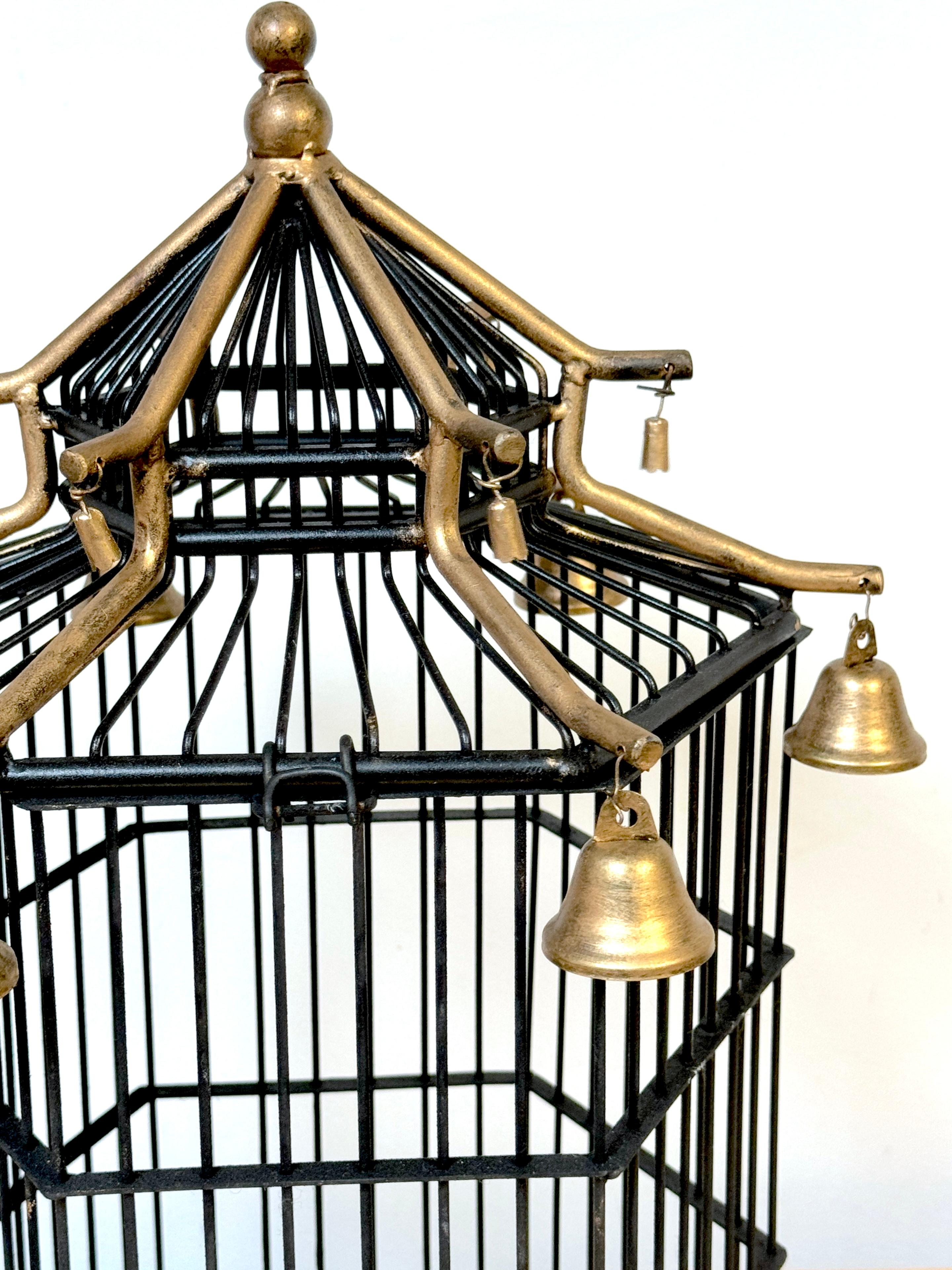 French Gilt Tole Hexagonal Pagoda Birdcage with Bells For Sale 11