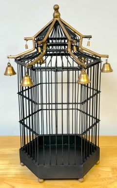 French Gilt Tole Hexagonal Pagoda Birdcage with Bells
