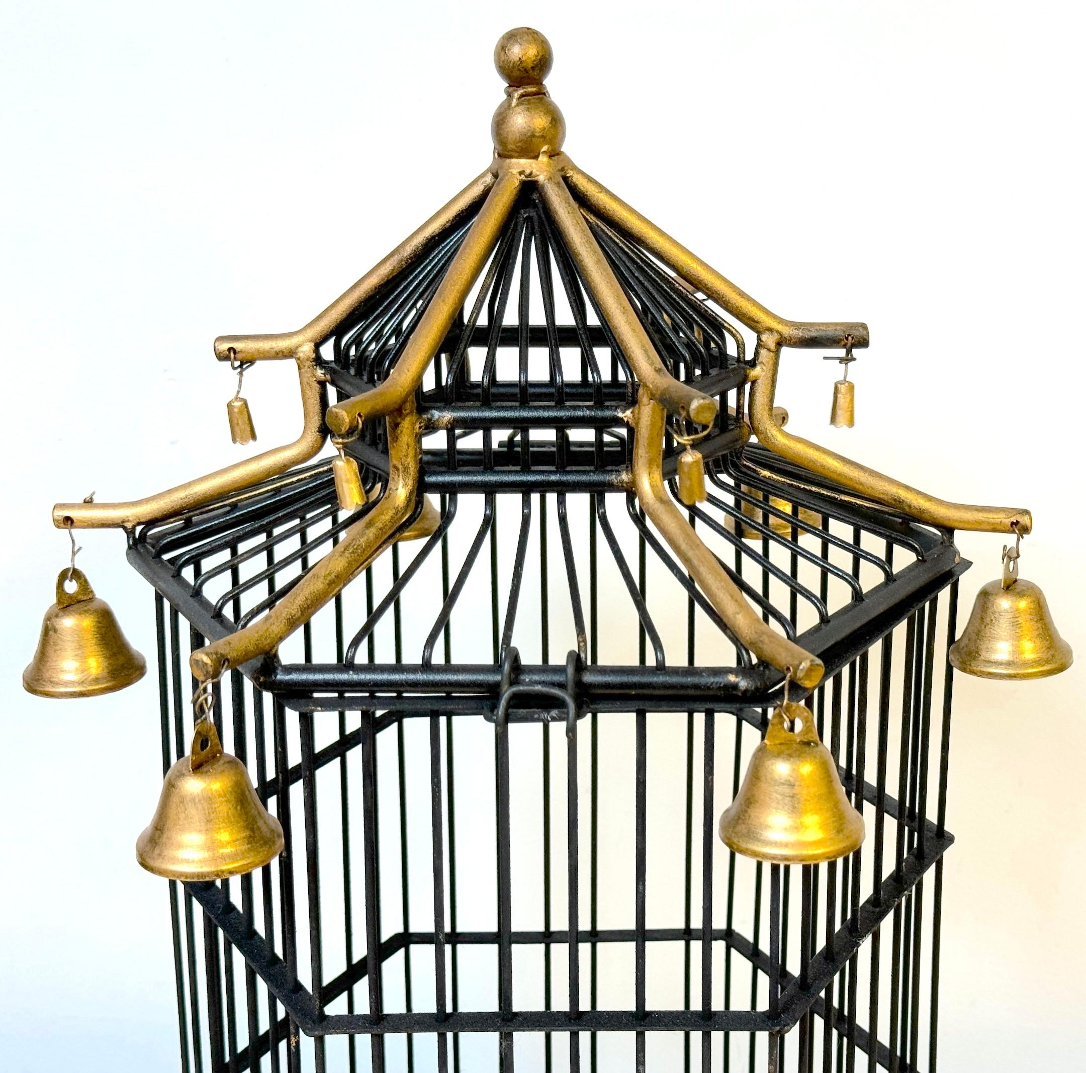 Blackened French Gilt Tole Hexagonal Pagoda Birdcage with Bells For Sale