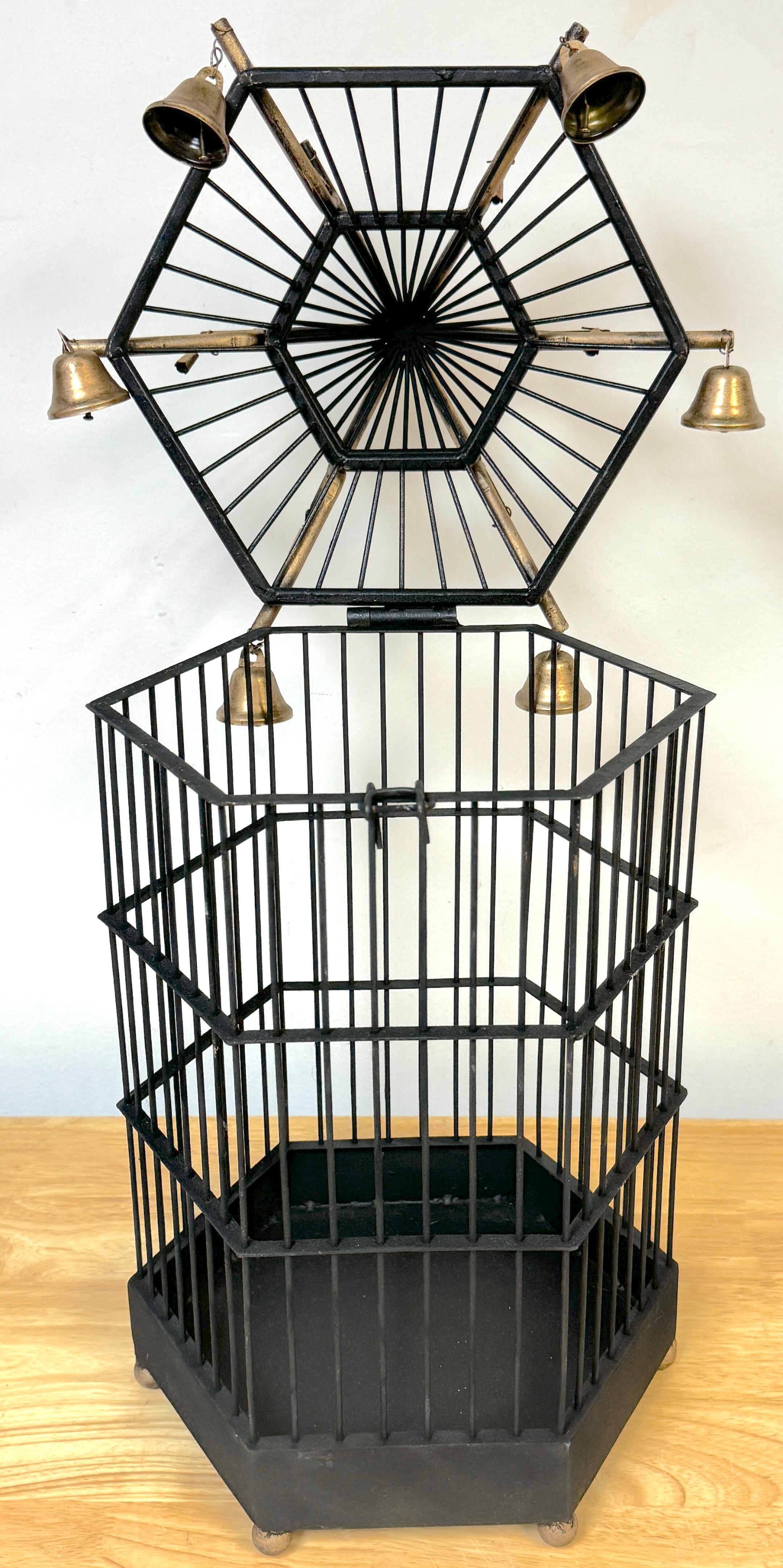 20th Century French Gilt Tole Hexagonal Pagoda Birdcage with Bells For Sale
