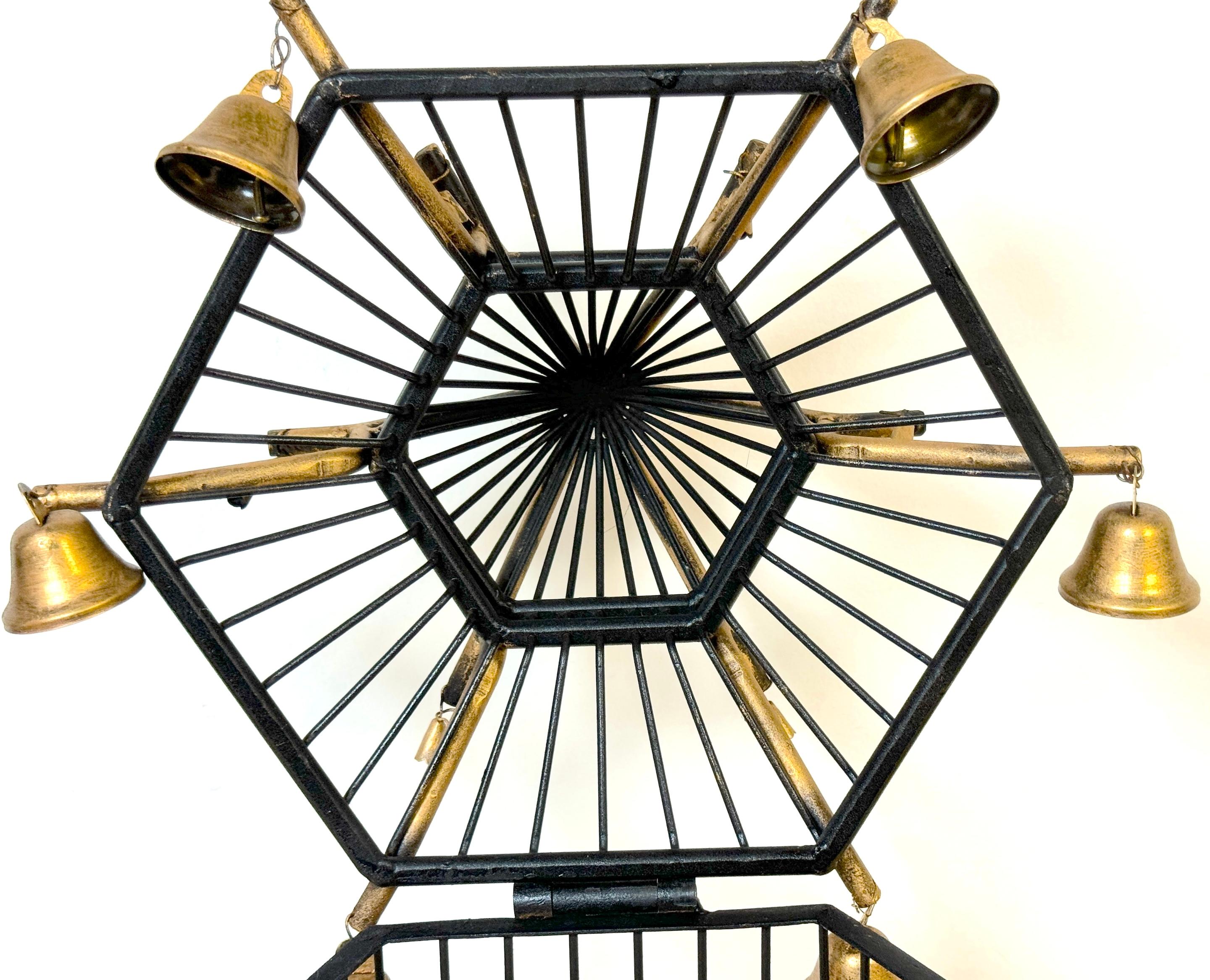 French Gilt Tole Hexagonal Pagoda Birdcage with Bells For Sale 1