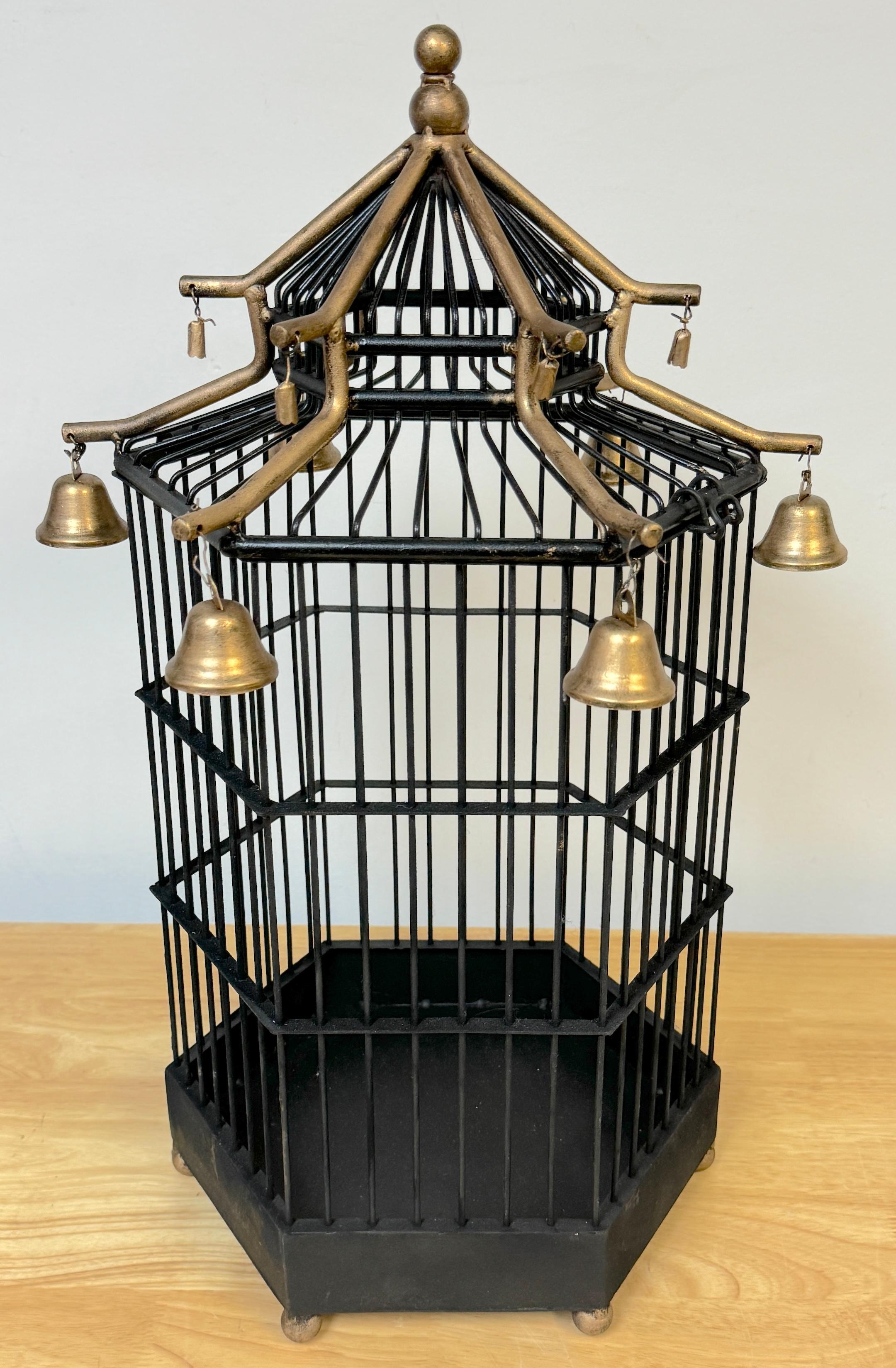 French Gilt Tole Hexagonal Pagoda Birdcage with Bells For Sale 2