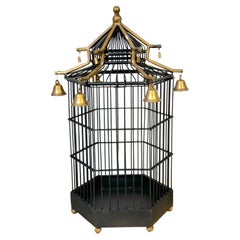 French Gilt Tole Hexagonal Pagoda Birdcage with Bells
