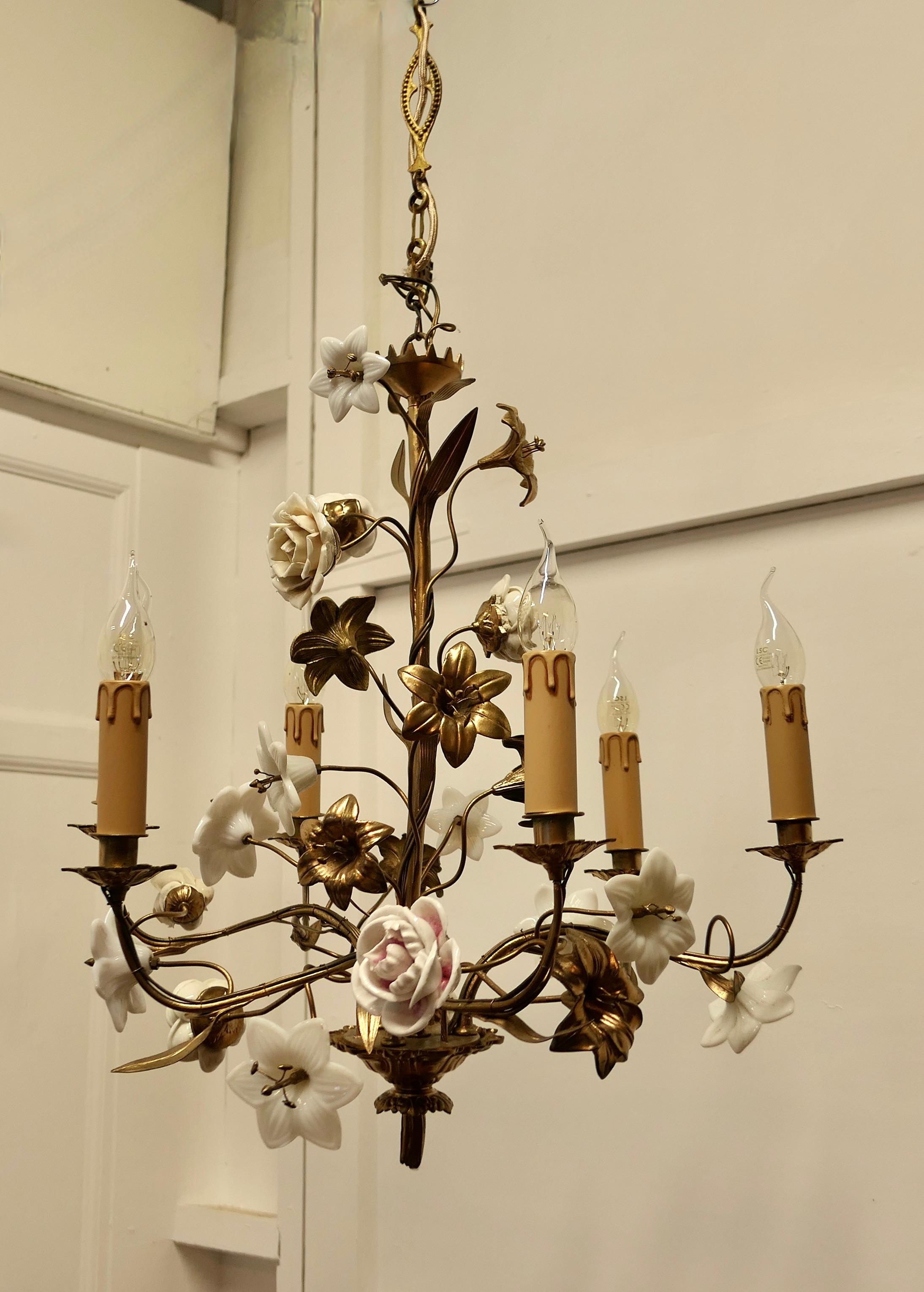 French Gilt Toleware and Floral Ceramic 6 Branch Chandelier For Sale 9