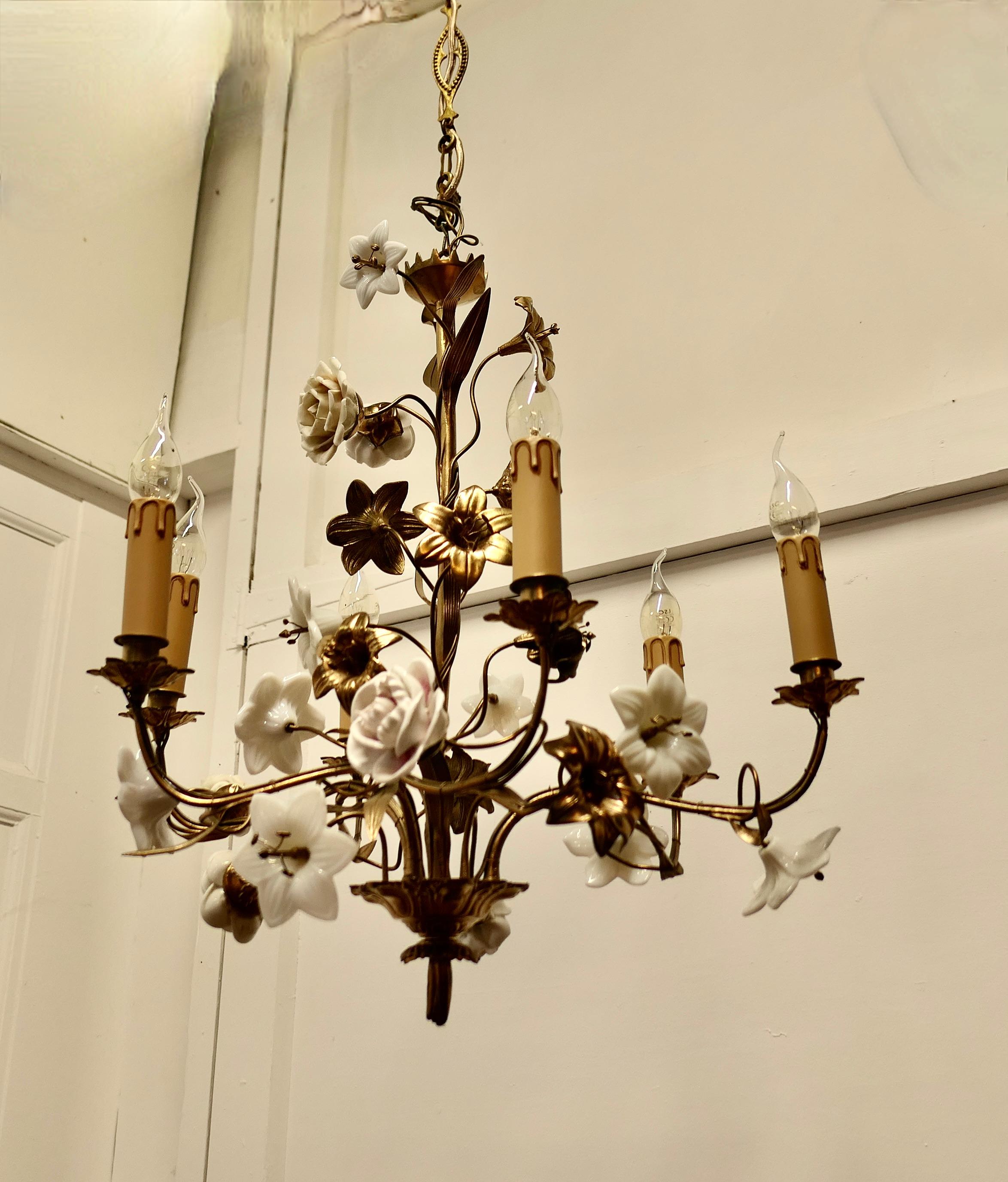 French Gilt Toleware and Floral Ceramic 6 Branch Chandelier For Sale 10