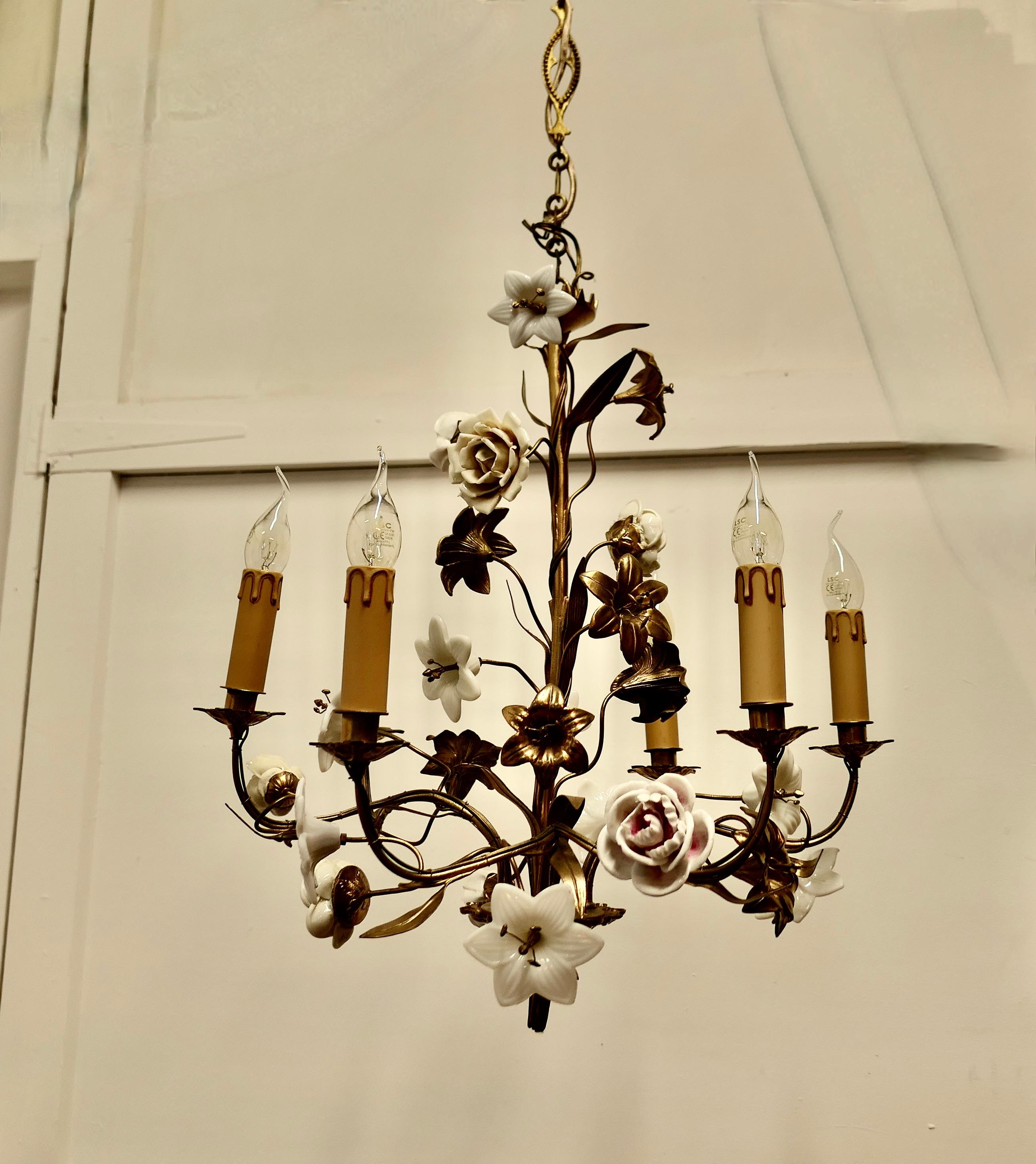 French Gilt Toleware and Floral Ceramic 6 Branch Chandelier For Sale 11