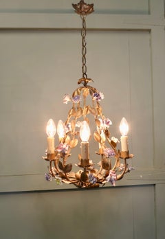 French Gilt Toleware and Floral Ceramic 6 Branch Chandelier