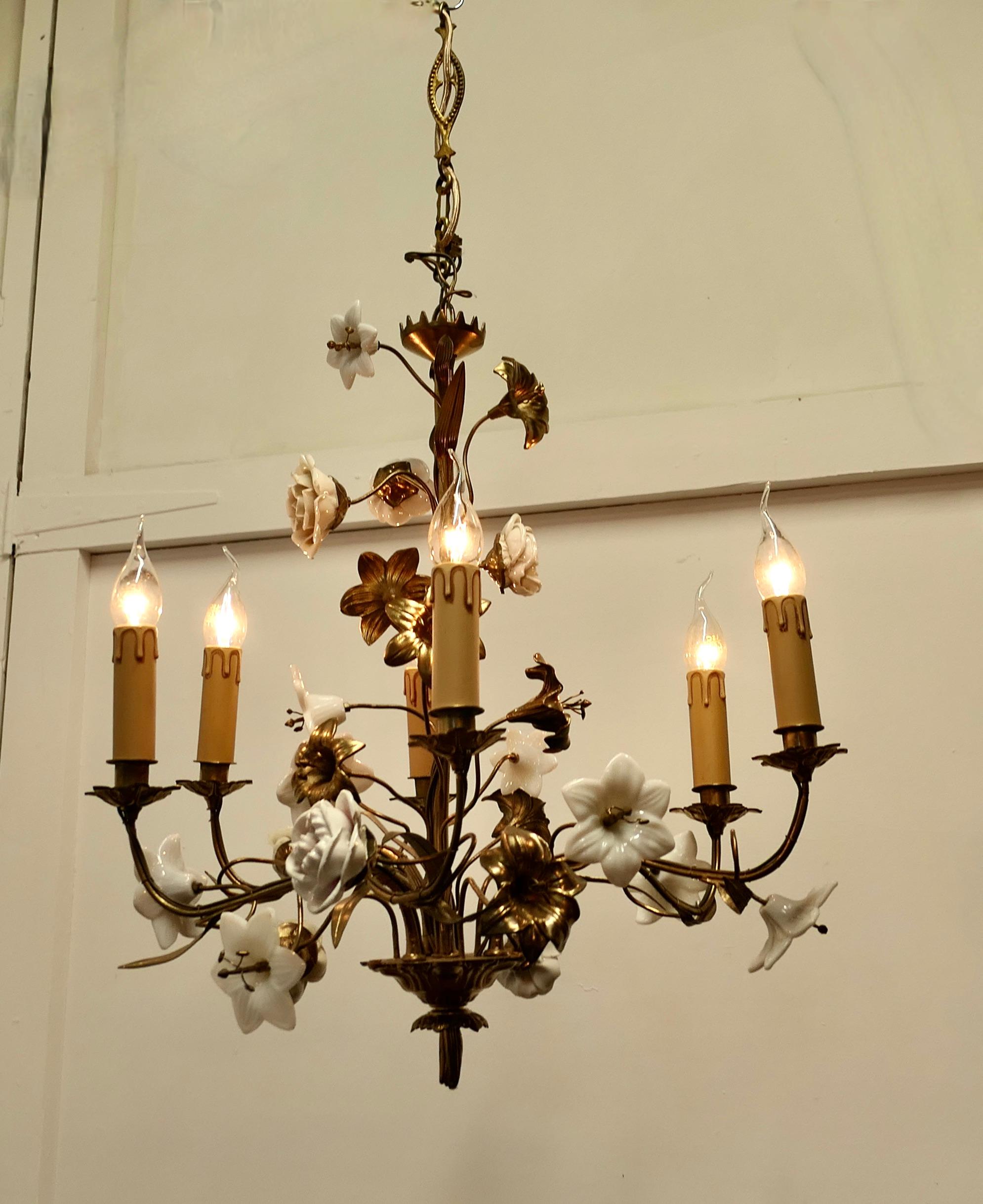 Arts and Crafts French Gilt Toleware and Floral Ceramic 6 Branch Chandelier For Sale