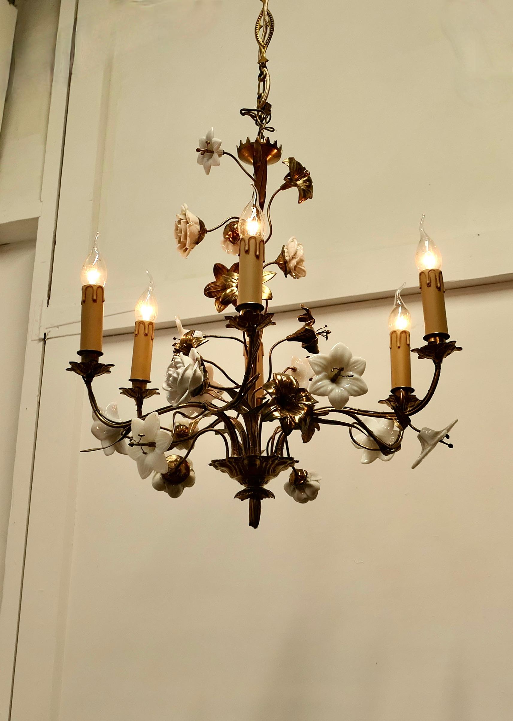 French Gilt Toleware and Floral Ceramic 6 Branch Chandelier In Good Condition In Godshill, Isle of Wight
